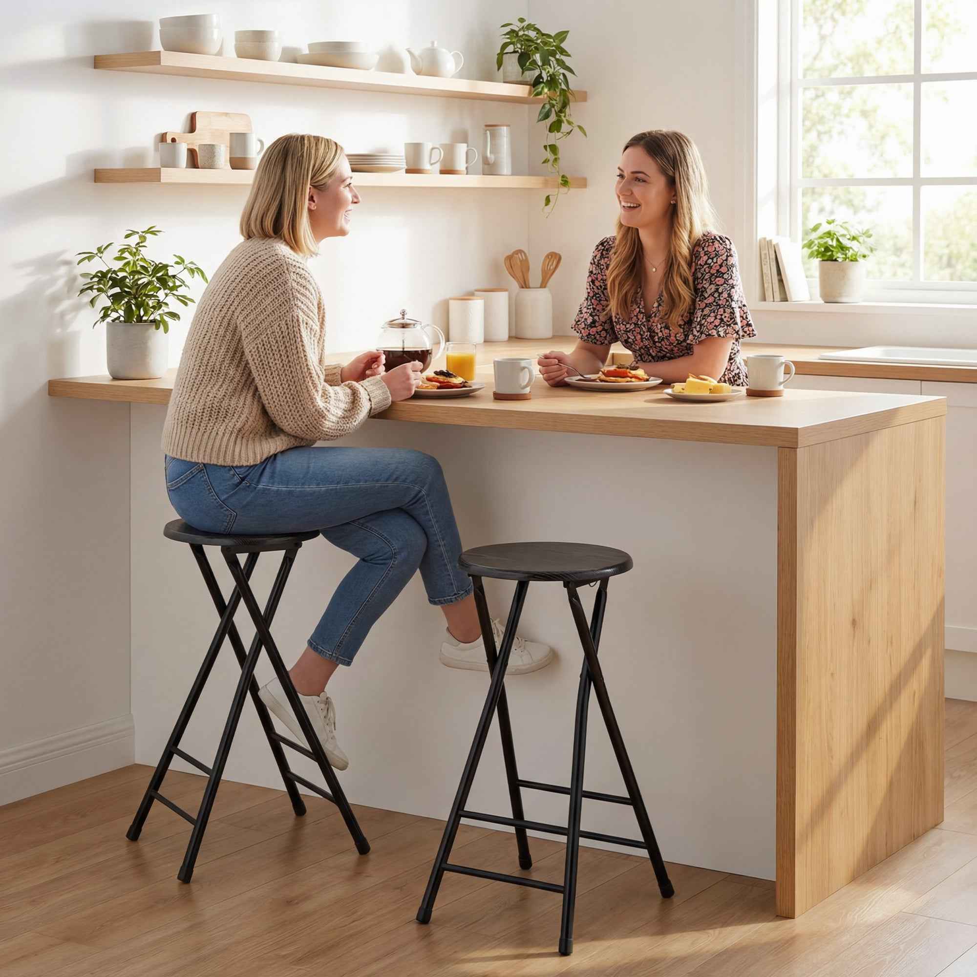 HOMCOM Set of 2 Folding Bar Stools with Double Footrest, Wood and Steel, 34x30x70 cm, Black