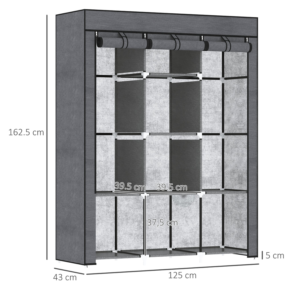 Wardrobe in Non-Woven Fabric and Steel with 8 Shelves and 2 Bars, 125x43x162.5 cm, Charcoal Gray