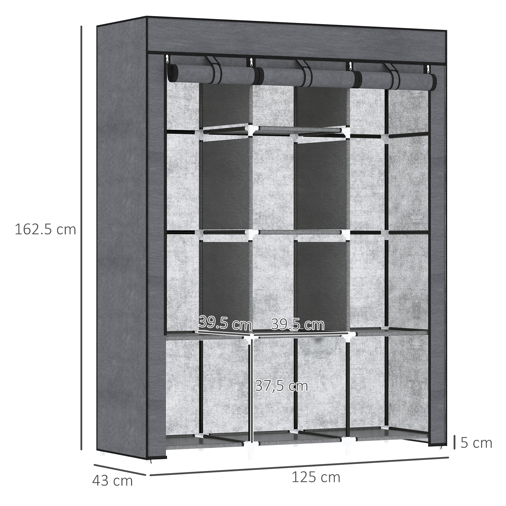 Wardrobe in Non-Woven Fabric and Steel with 8 Shelves and 2 Bars, 125x43x162.5 cm, Charcoal Gray