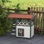 PawHut Outdoor Cat House with Terrace and Wooden Ladder, 77x50x73cm, White and Gray - Borgè