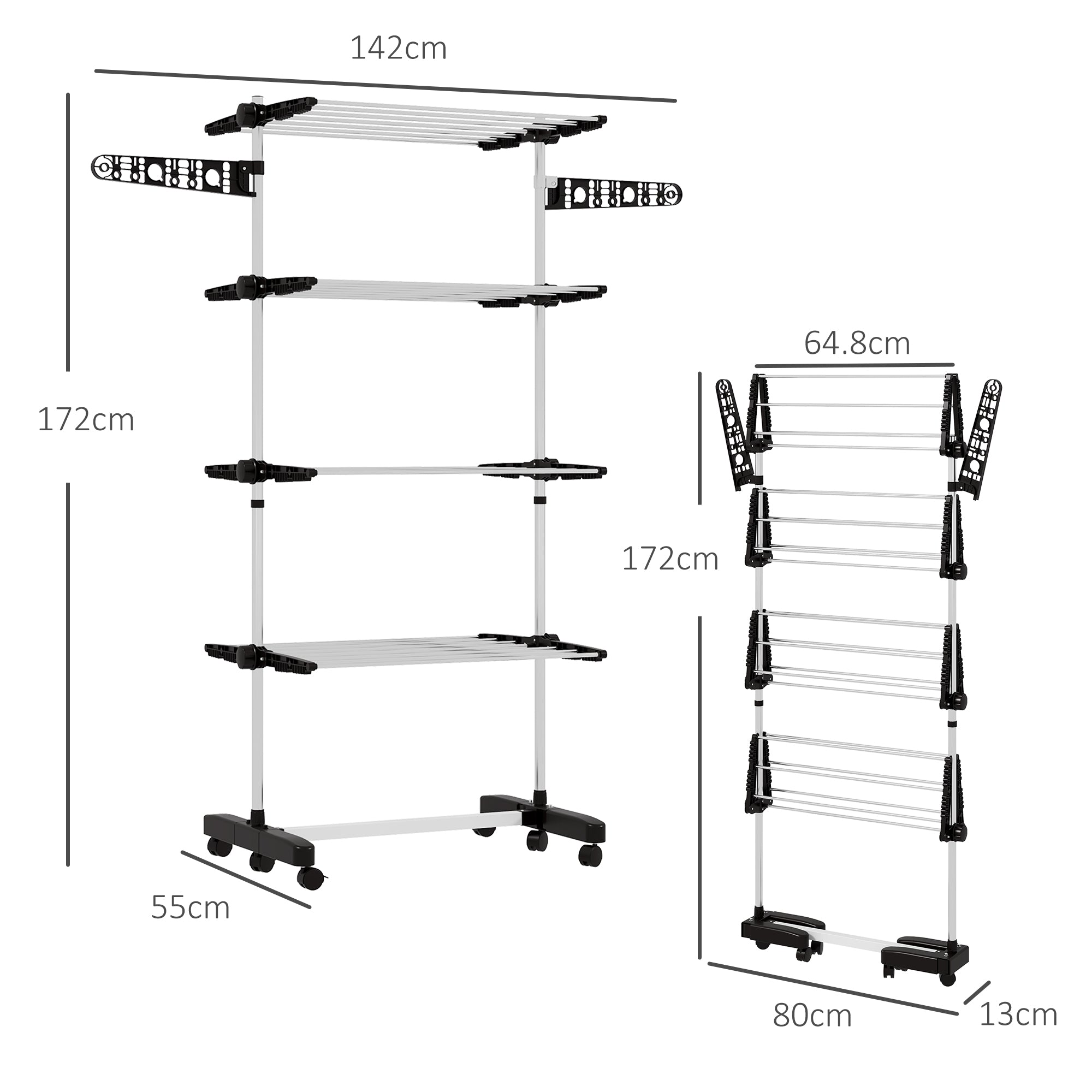 Vertical Clothes Drying Rack with 4 Adjustable Shelves, in Steel and Plastic, 142x55x172 cm, Black and Silver