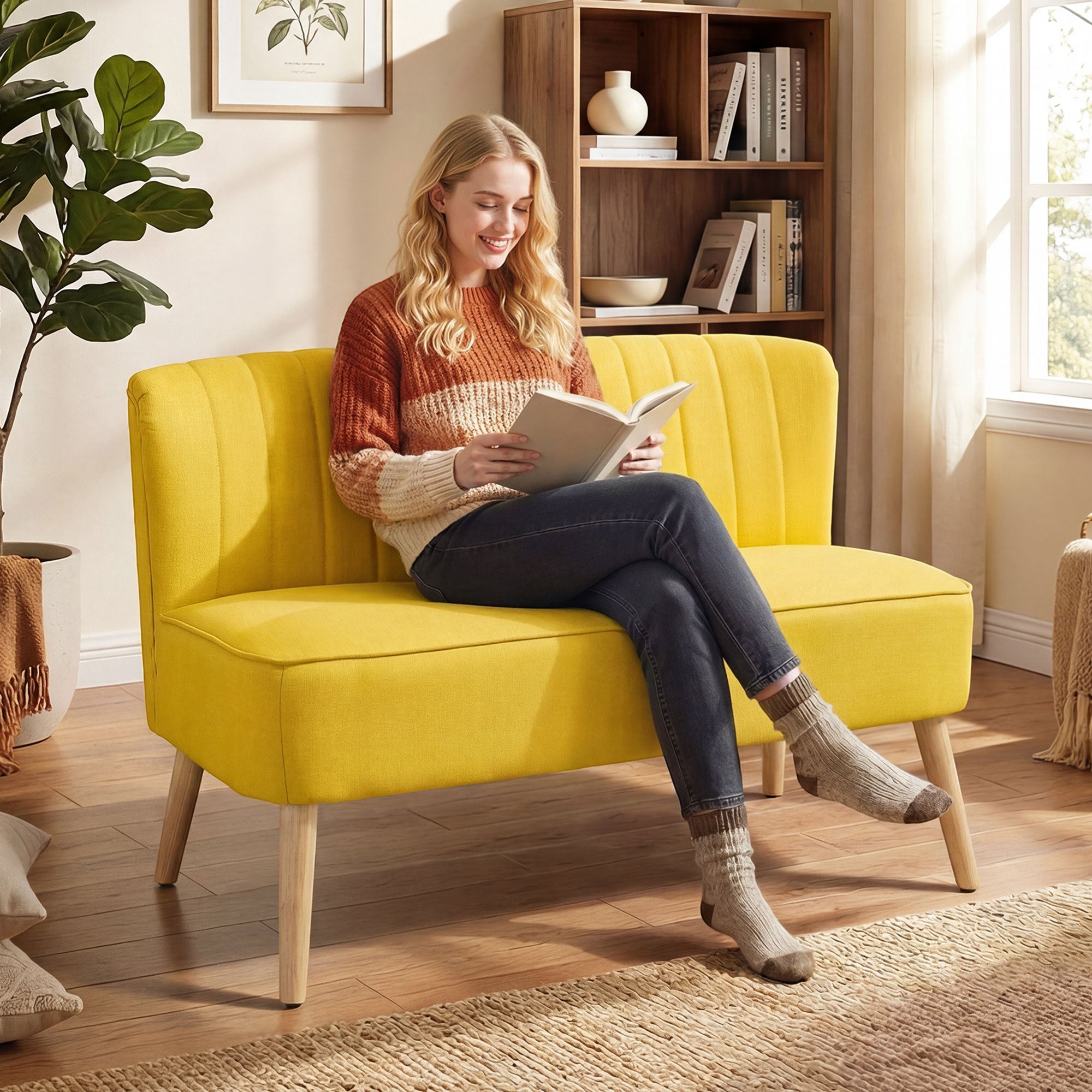 2-Seater Sofa in Linen-Effect Fabric without Armrests with Wooden Legs, 117x56.5x77 cm, Yellow
