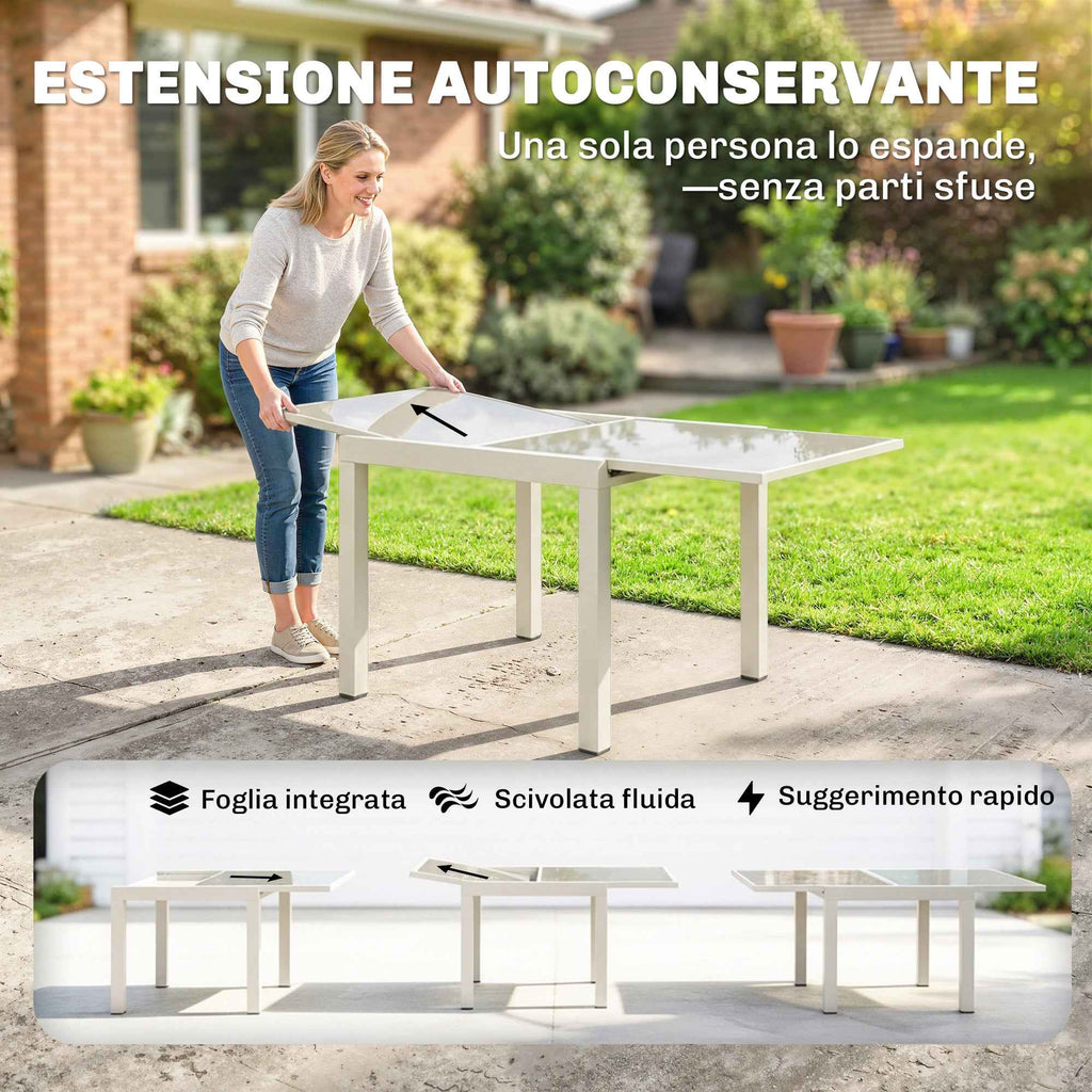Outsunny Extendable Outdoor Aluminum Table, Tempered Glass Top, Cream White.