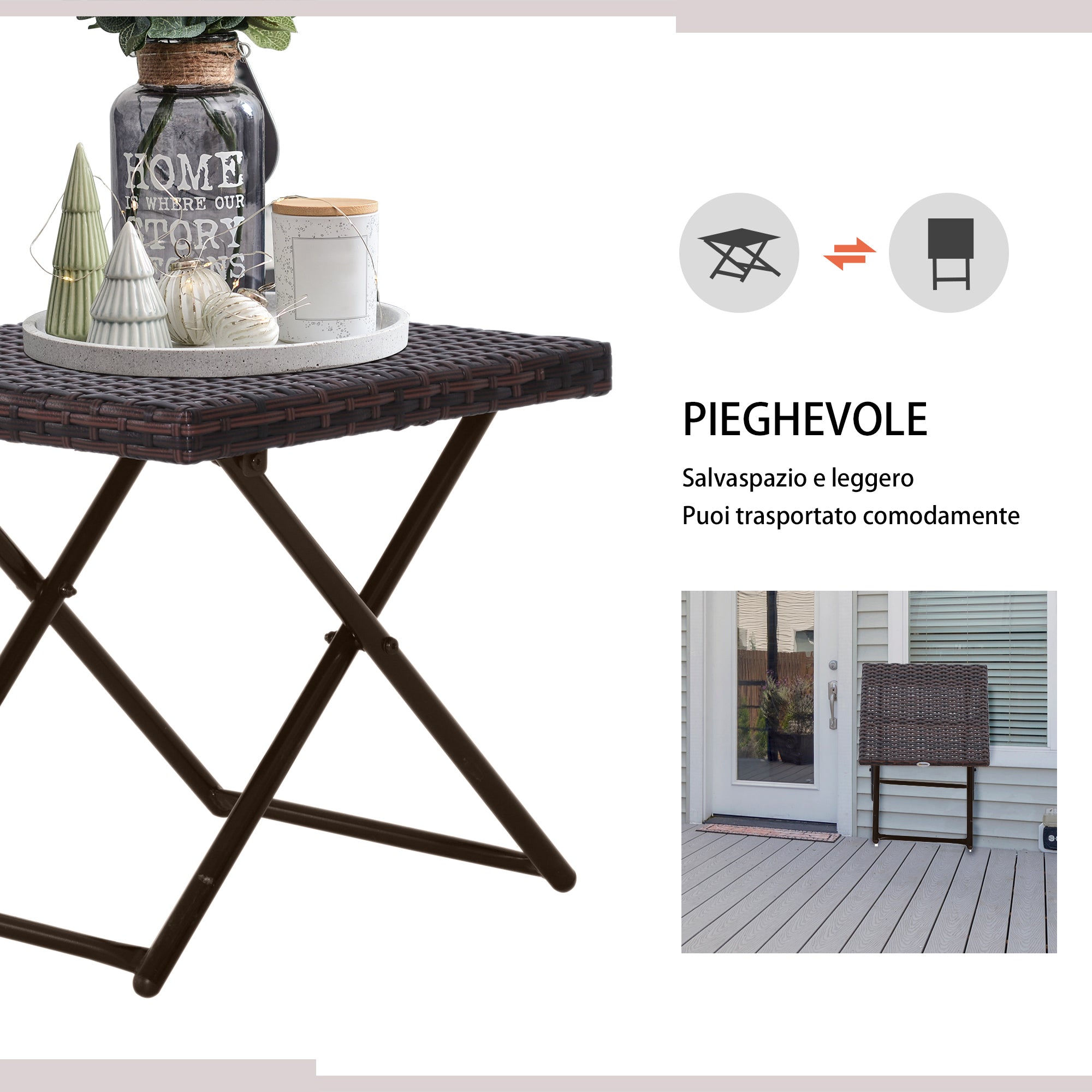 Folding Garden Table in Synthetic Rattan and Steel, Space-Saving Balcony Table, 40x40x40cm, Brown