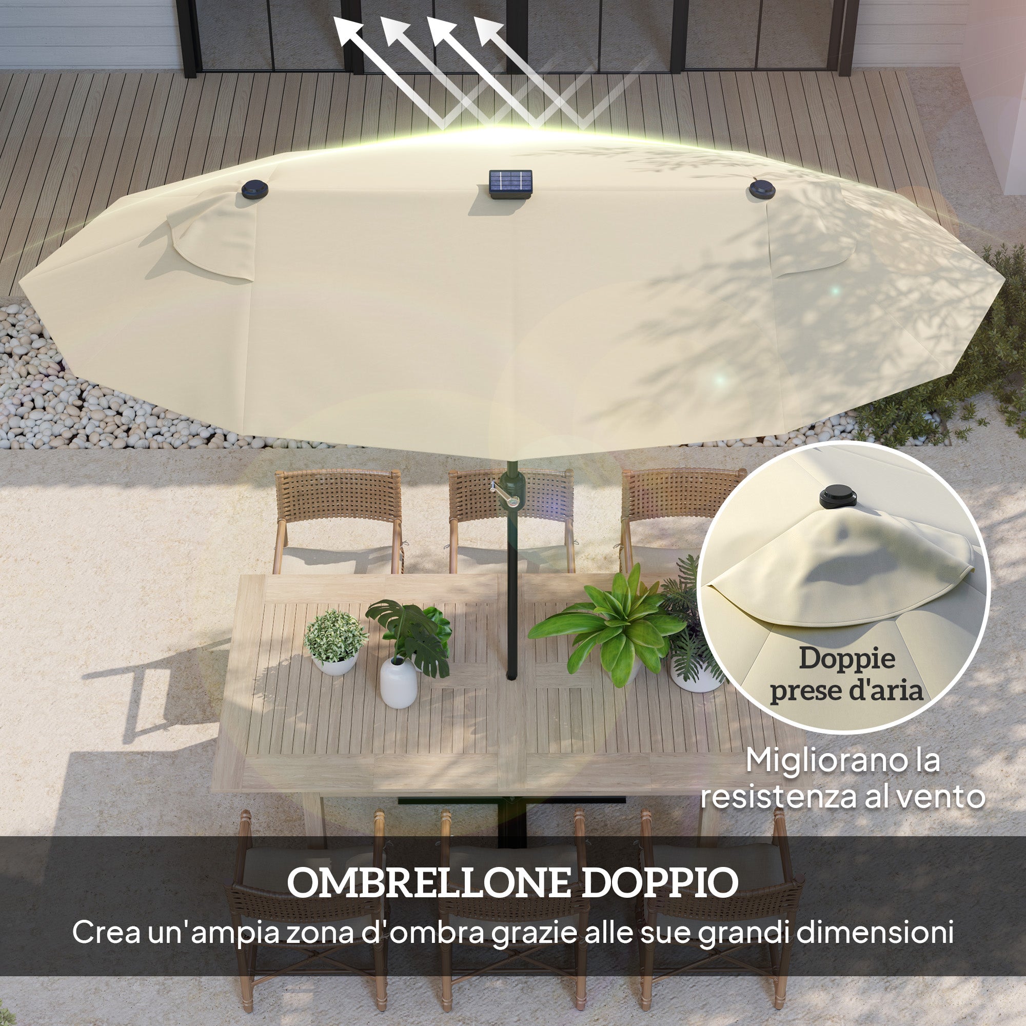 Double Parasol with LED Lights and Cross Base, in Polyester and Steel, 295x150x219 cm, Cream White