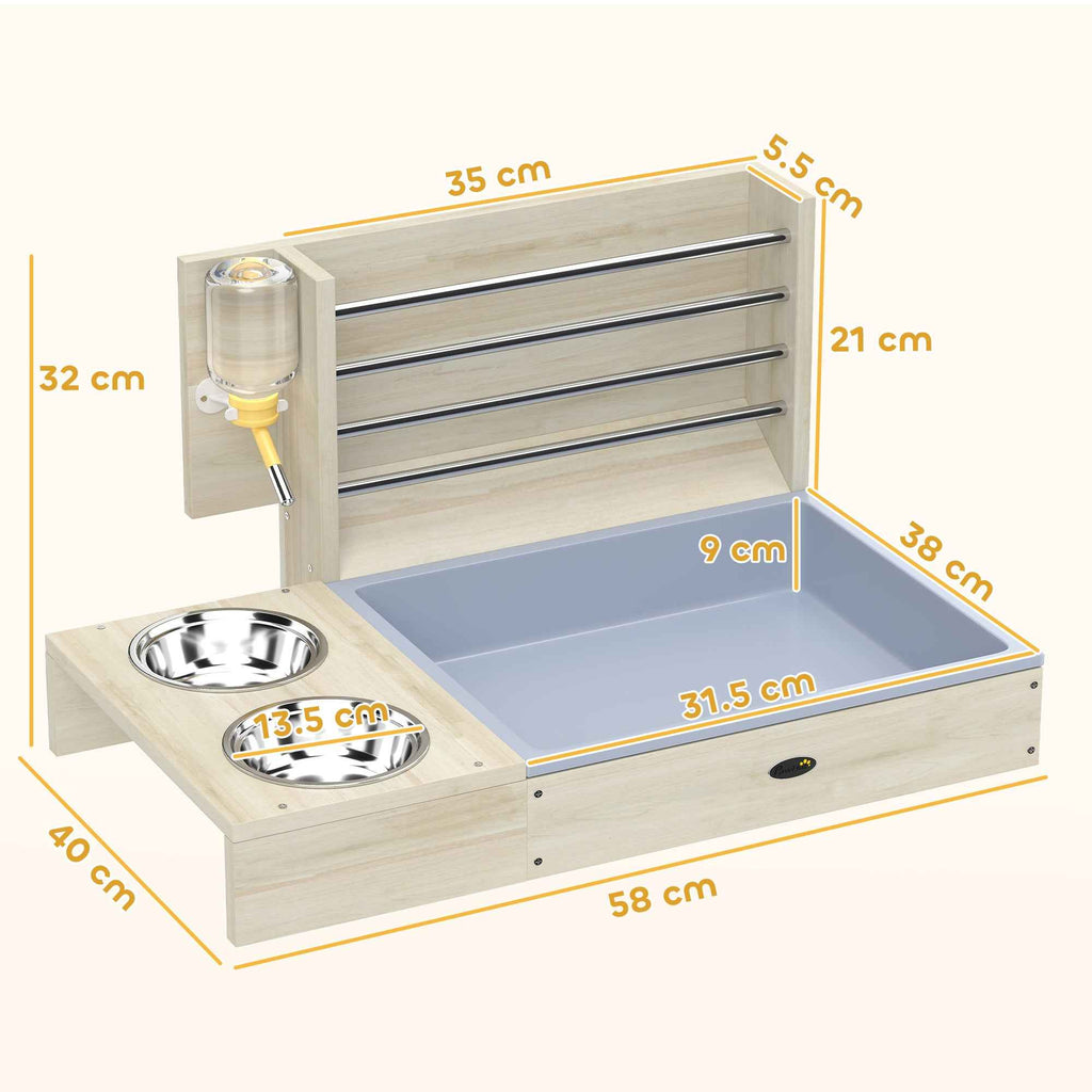 PawHut Hay Feeder with Hay Rack and Litter Box, Feeding Station, Natural Wood Color