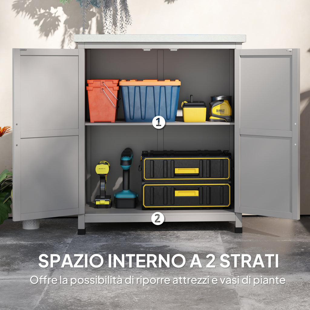 Outdoor Cabinet with Shelf and Workbench in Wood and Steel, 79x43x92 cm, Grey