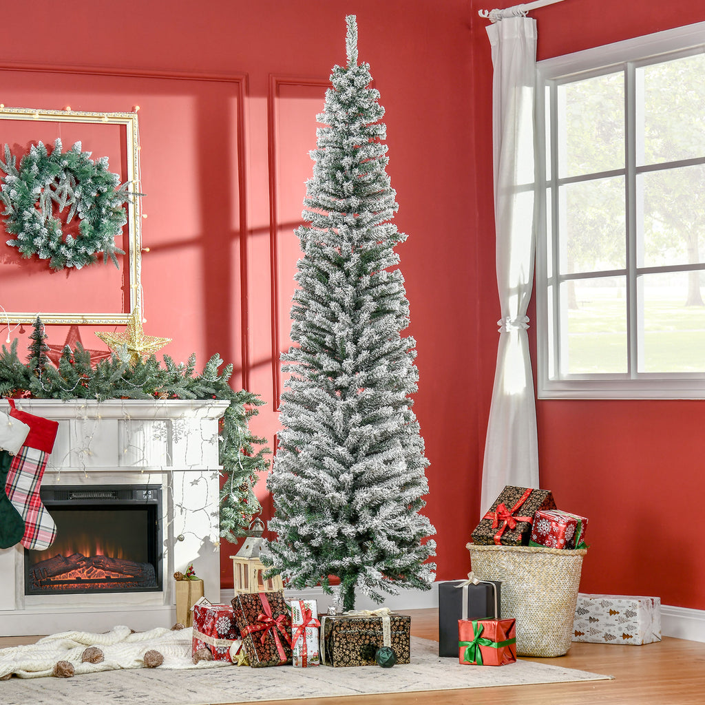 Green PP Snow-Covered Christmas Tree with 738 Fireproof Branches and Stainless Steel Base, Ø68x225 cm