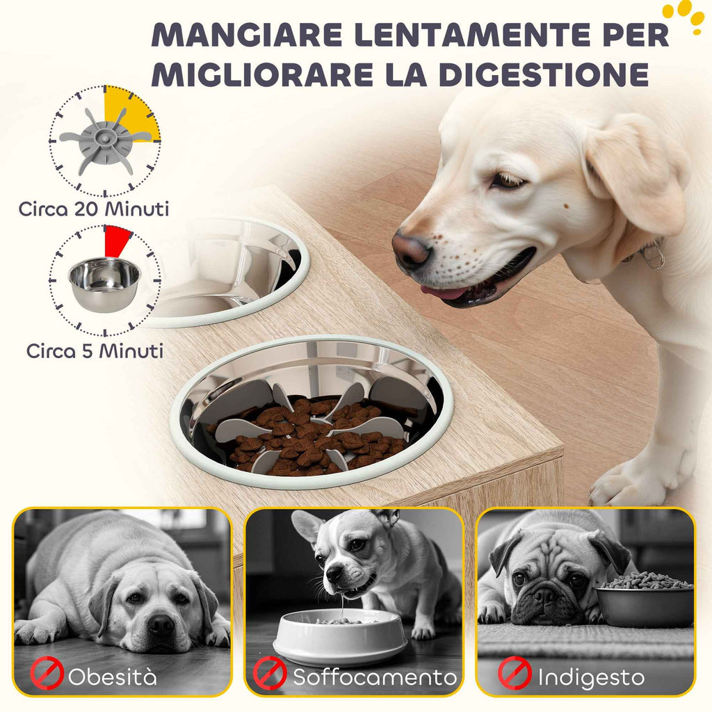 PawHut Dog Bowl Stand with 2 x 2L Stainless Steel Bowls and Lower Cabinet, Wooden, 60x30x35.5 cm, Oak