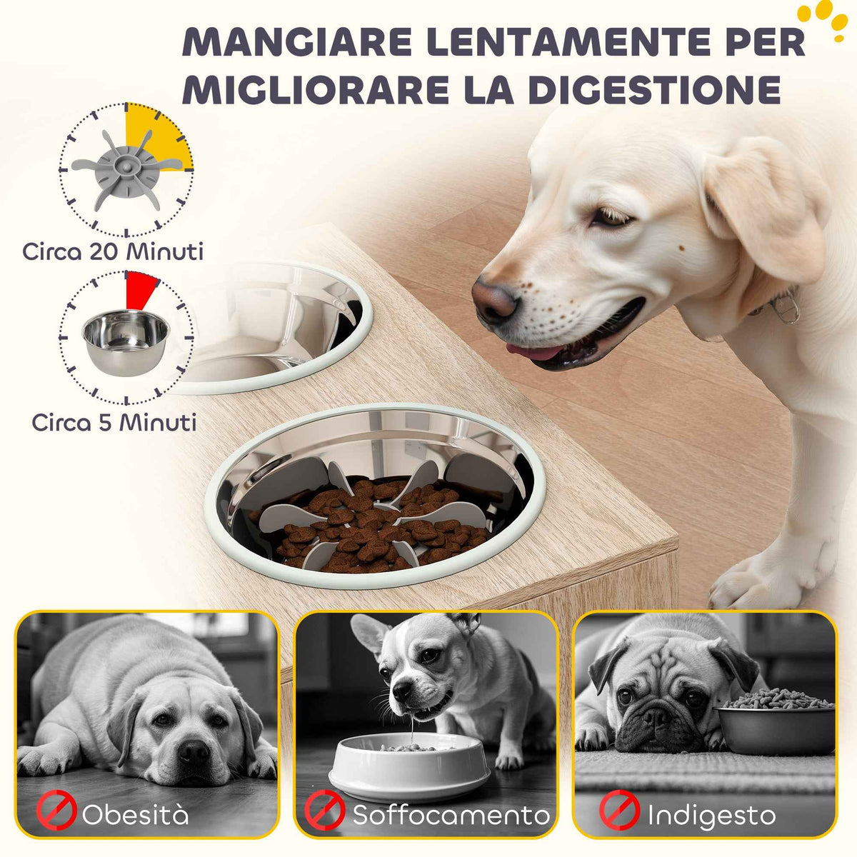 PawHut Dog Bowl Stand with 2 x 2L Stainless Steel Bowls and Lower Cabinet, Wooden, 60x30x35.5 cm, Oak