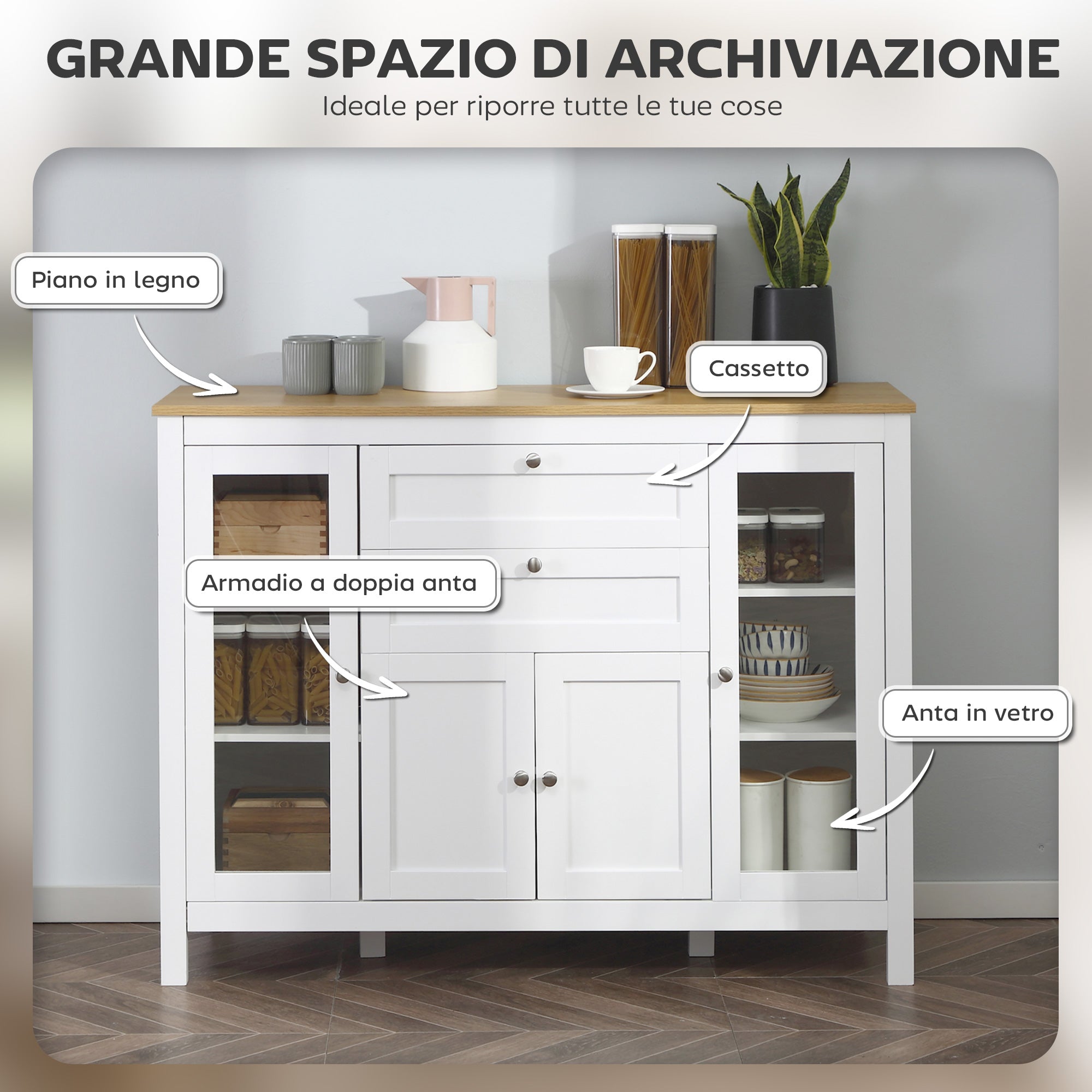 Kitchen Cabinet with 2 Drawers and 3 Cupboards, Glass Doors and Adjustable Shelves, 120x40x90 cm, White and Oak