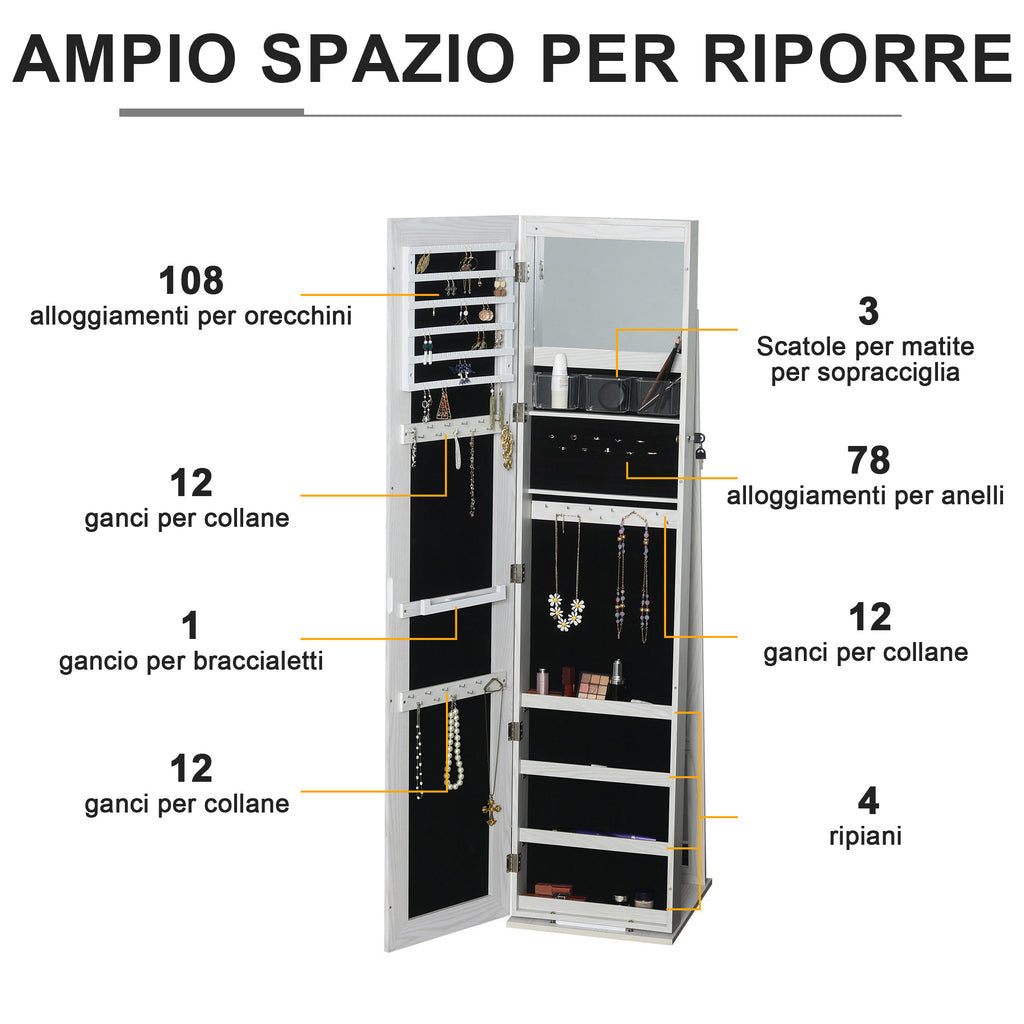 LED Jewellery Mirror with 4 Shelves and Storage Spaces, in Wood and Glass, 15x15x61.75 cm, White