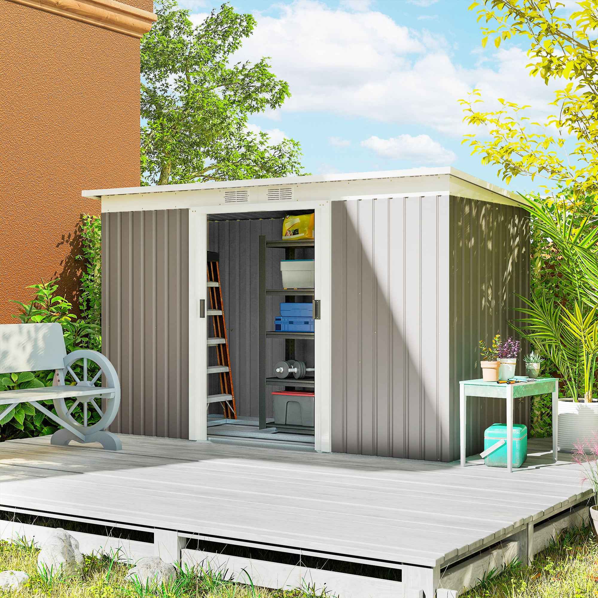 Outsunny Steel Garden Shed with 2 Vents and 2 Sliding Doors, 280x130x172 cm, Light Grey