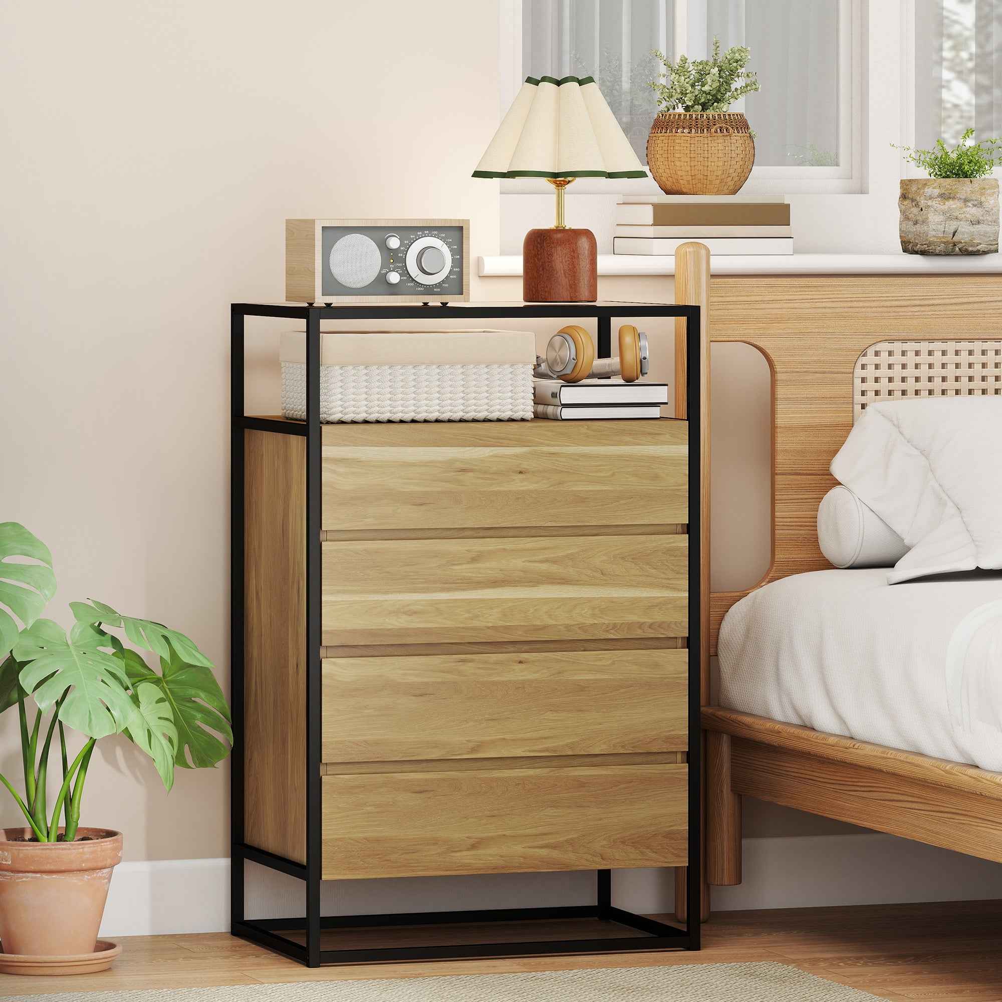 4-Drawer Chest with Open Shelf in Steel and Glass