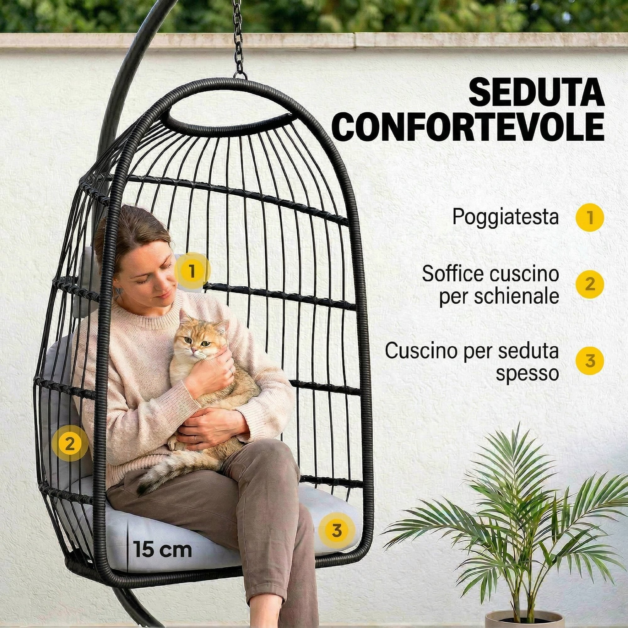 Outsunny Hanging Egg Chair with Stand and Safety Strap, 105x101x196 cm, Black and Light Grey