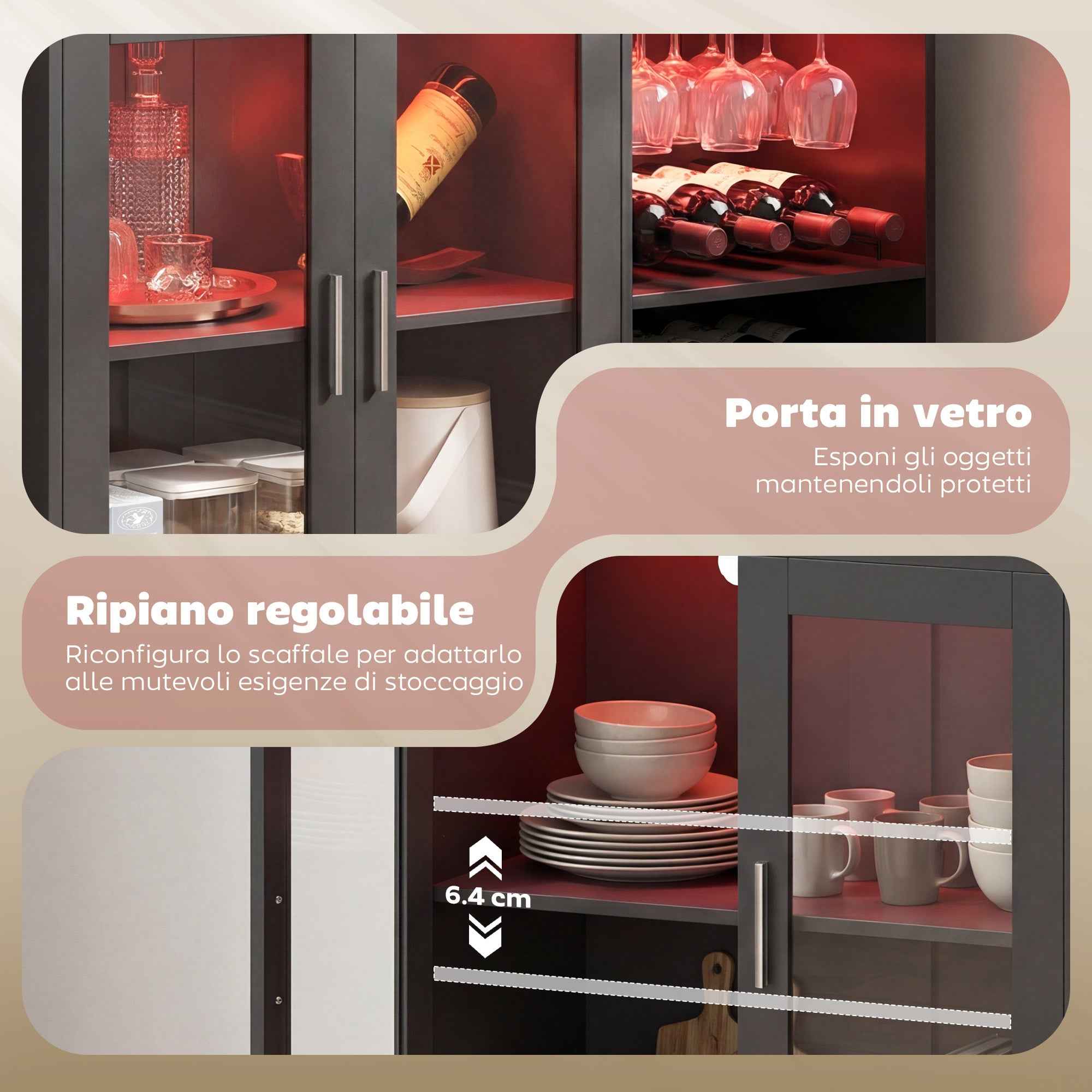 HOMCOM Wine Rack with LED Light and Adjustable Shelf, Wood and Glass, 120x38x88 cm, Black