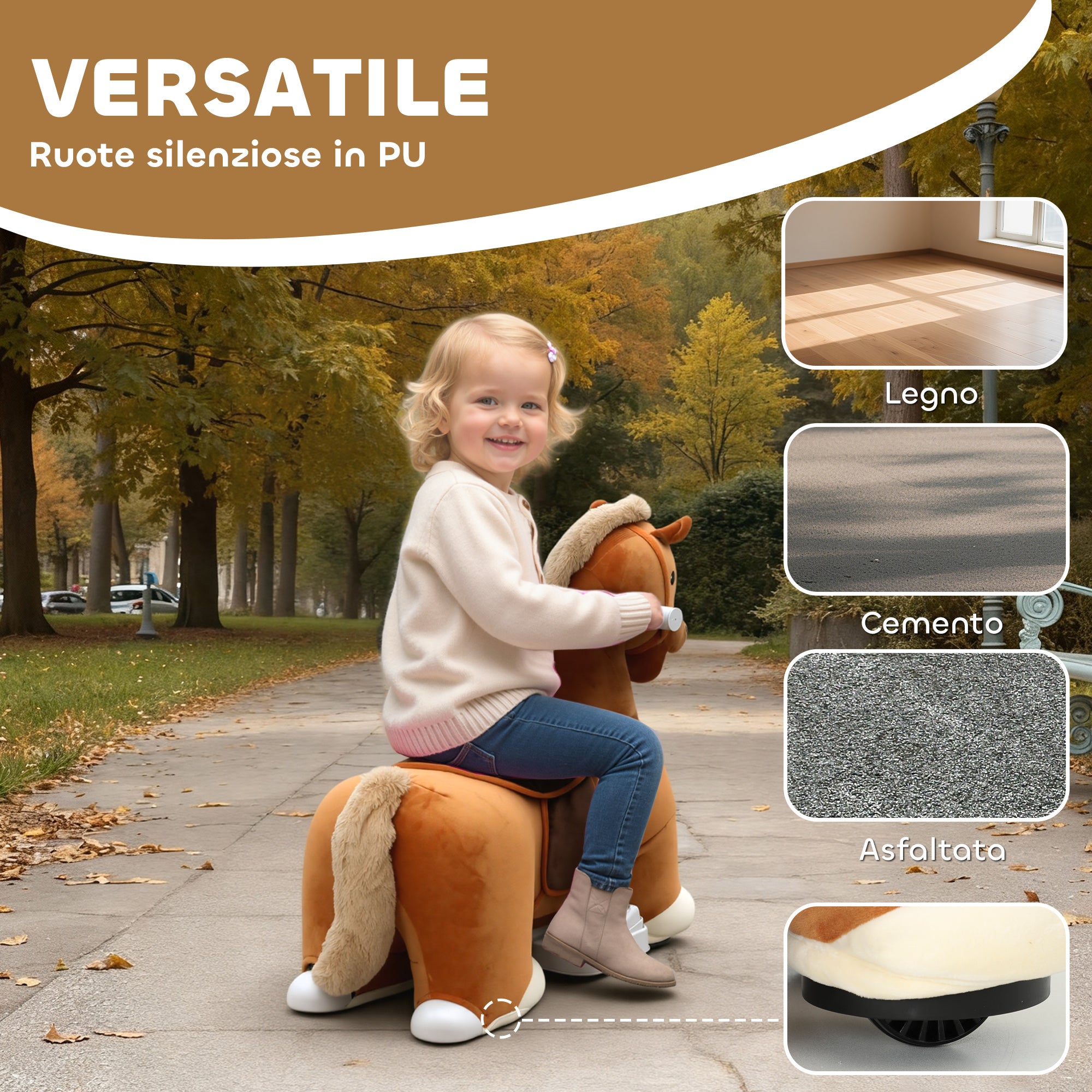 AIYAPLAY Electric Horse for Children with Pedals, Wheels and Sounds, Plush and Metal, 74x34x51 cm, Brown