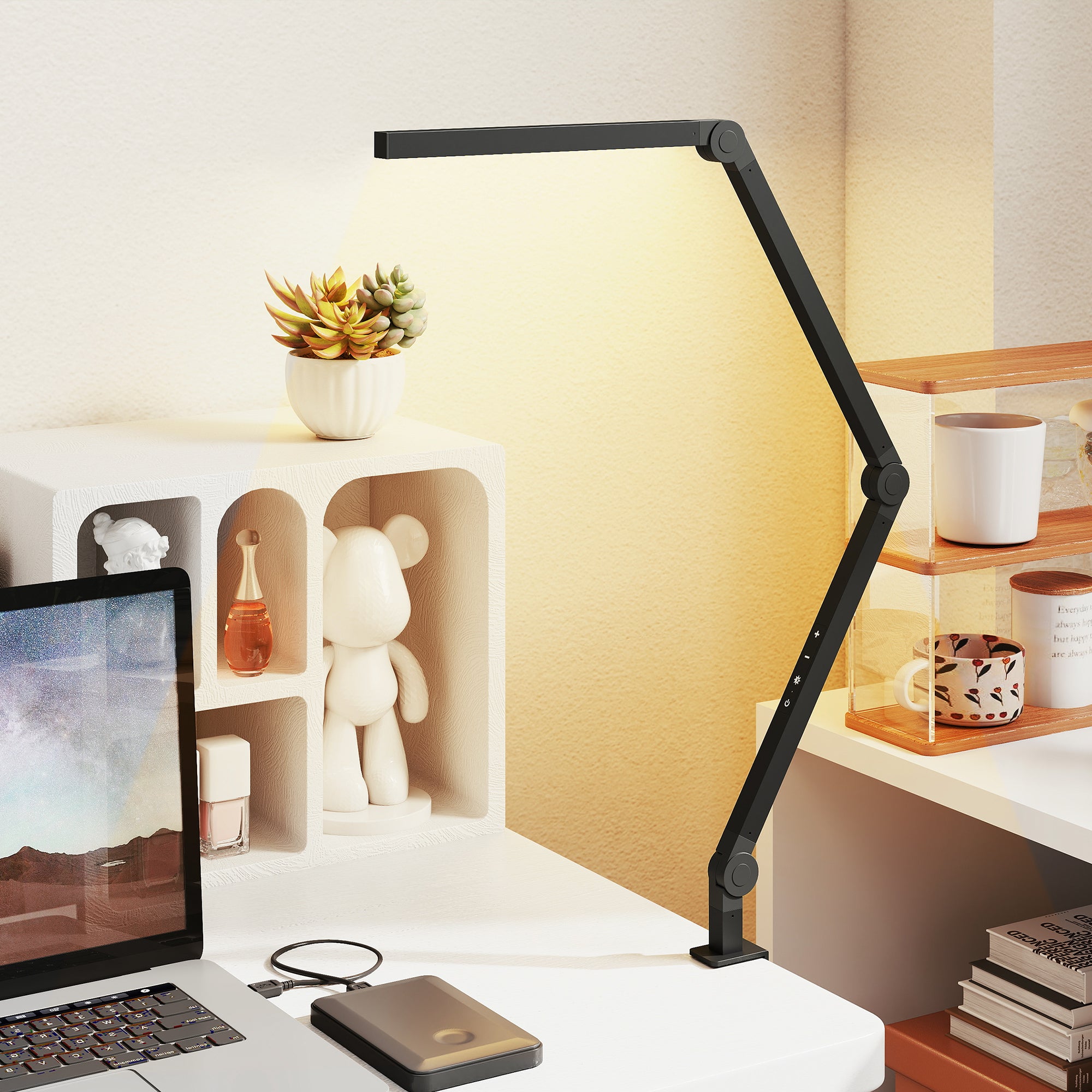 Dimmable LED Desk Lamp with Clamp, Adjustable Arm and 2 Light Colors, Black