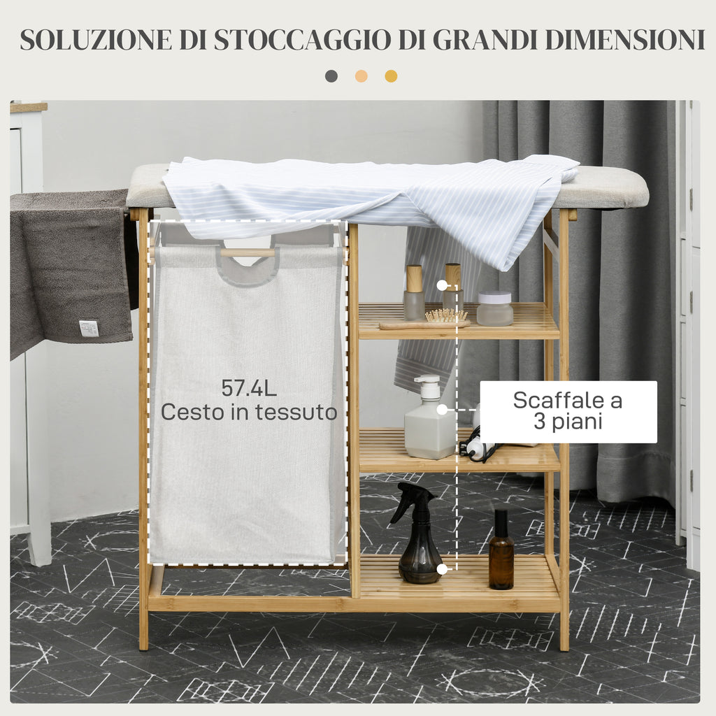 Bamboo and Polyester Laundry Basket with Ironing Board and 3-Tier Shelf, 113x34x82 cm