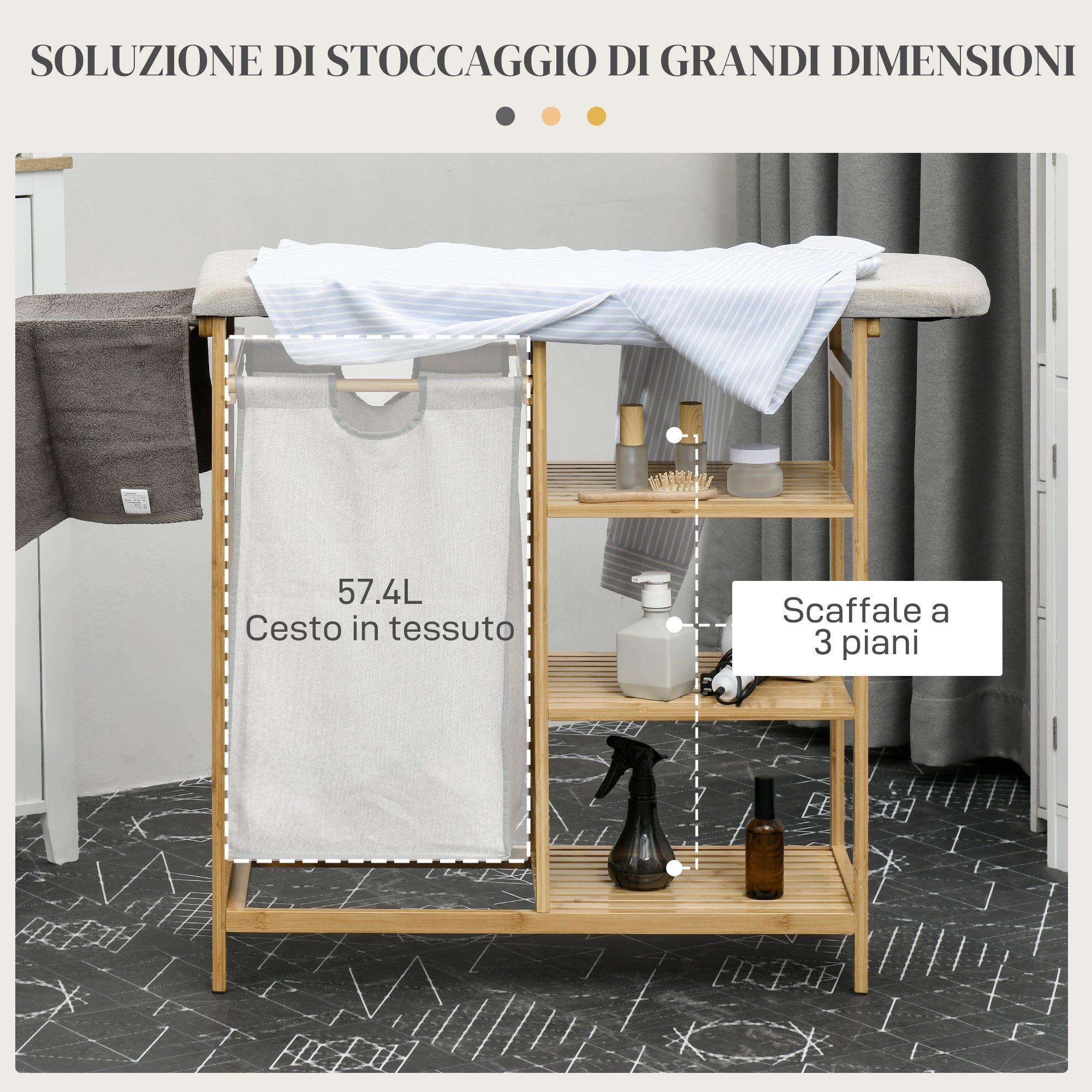 Bamboo and Polyester Laundry Basket with Ironing Board and 3-Tier Shelf, 113x34x82 cm