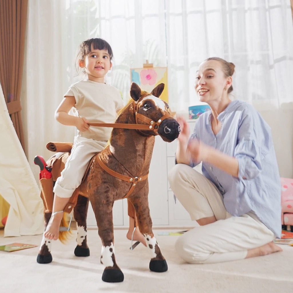 Rocking Horse for Children 2+ Years with Nitrite, Saddle and Stirrups, Plush and Metal, 85x28x60 cm, Brown