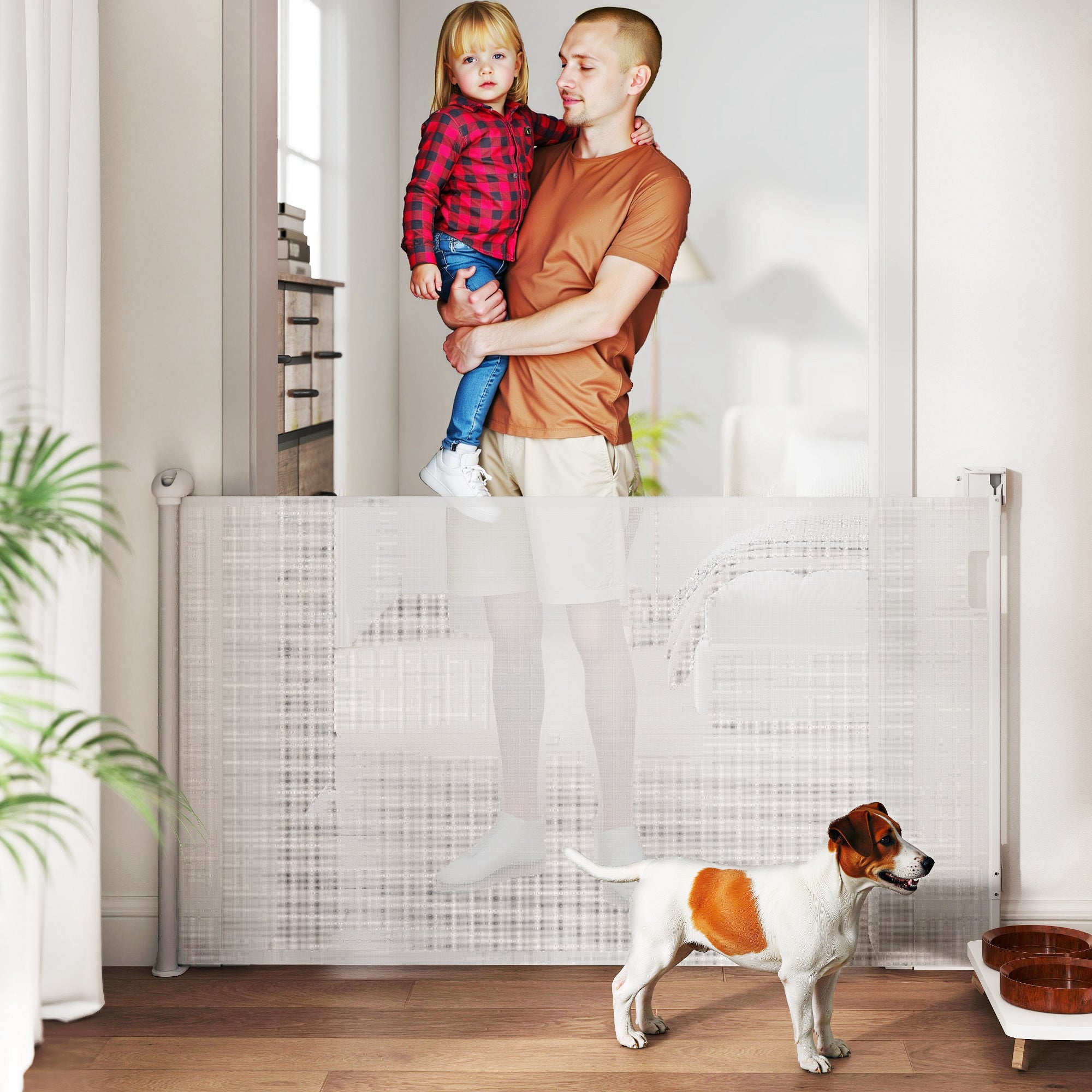 Gate for Small Dogs Extendable 0-144 cm and Retractable with Automatic Lock, White