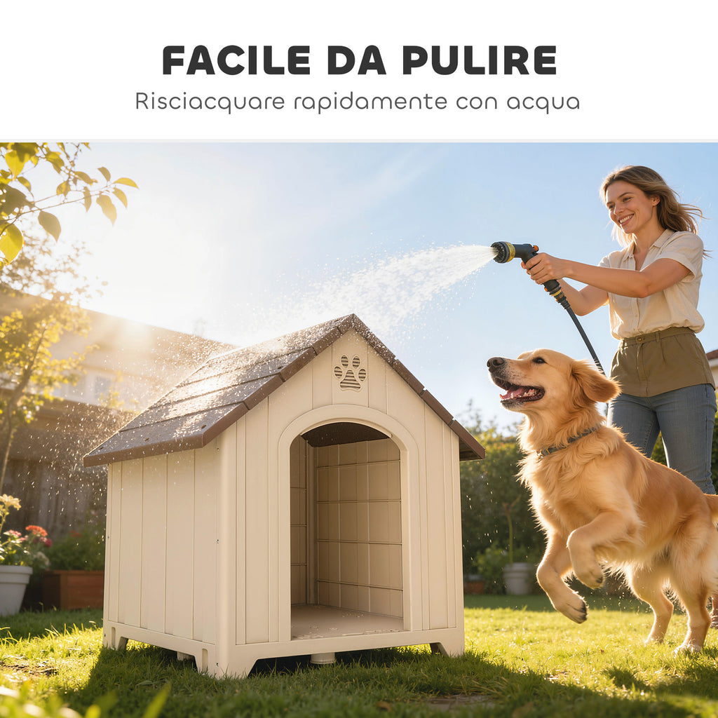 PawHut Raised Dog Kennel with Sloped Roof and Air Vents, PP, 88x78x89 cm, Beige and Dark Brown