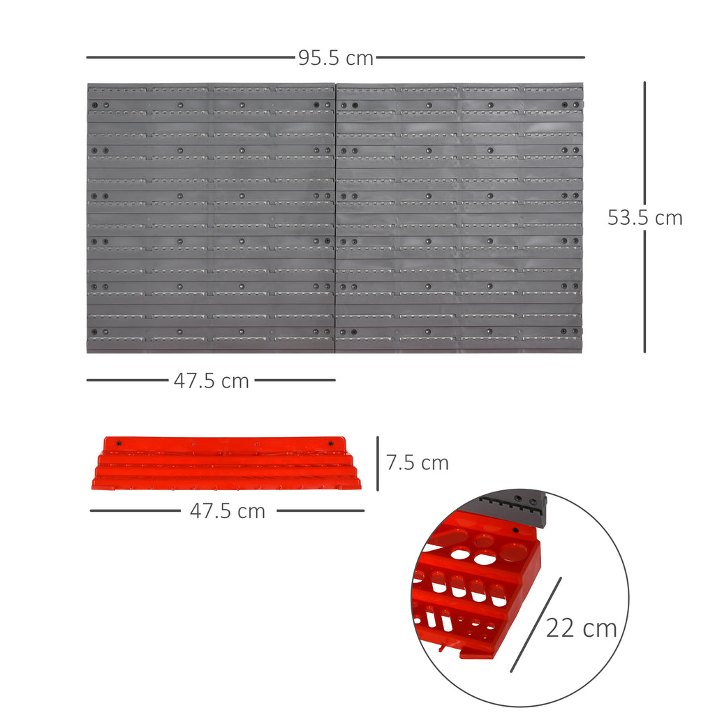 54PCS Tool Storage Box with 50 Hooks, Wall Mounted, PP, Red Grey, 95.5x23x53.5cm