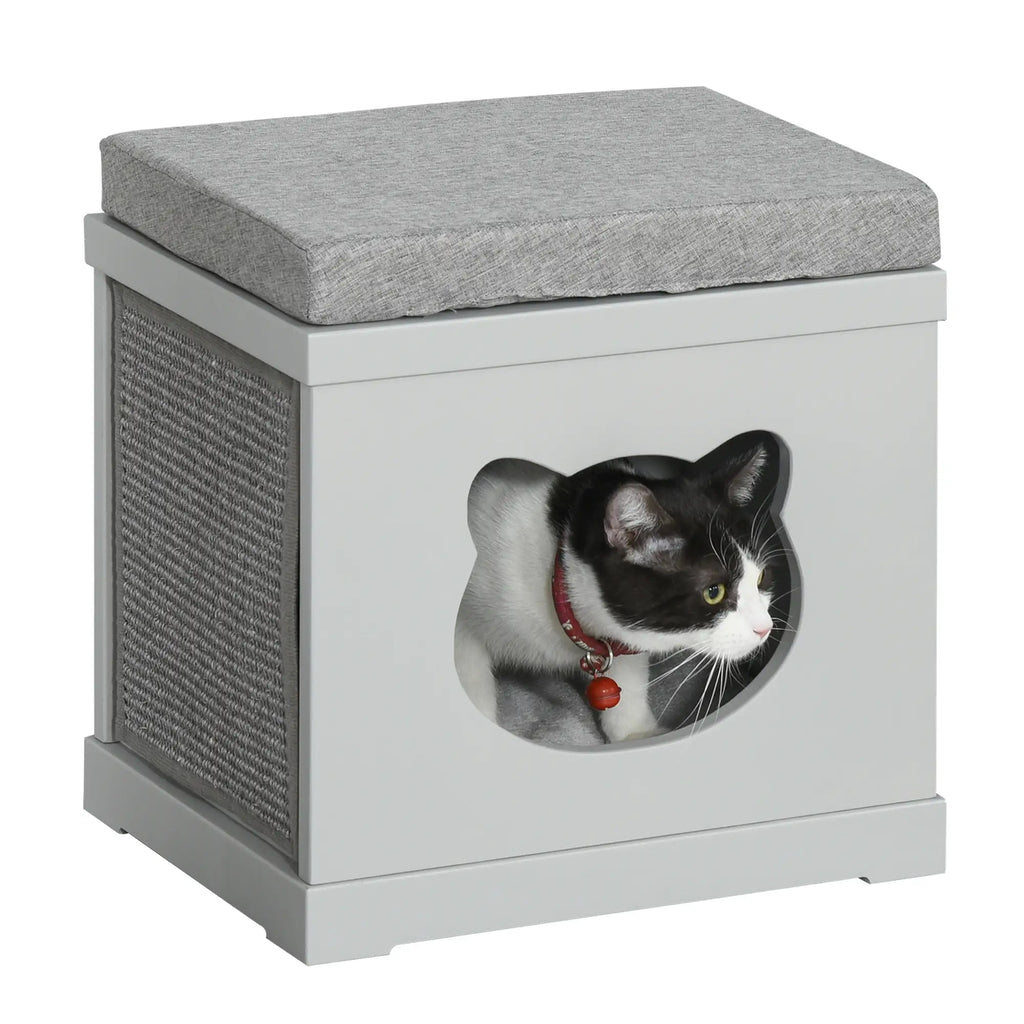 Wooden Cat House with 2 Pillows and Removable Scratching Posts, Grey, 41x30x36cm - Borge' Group Limited