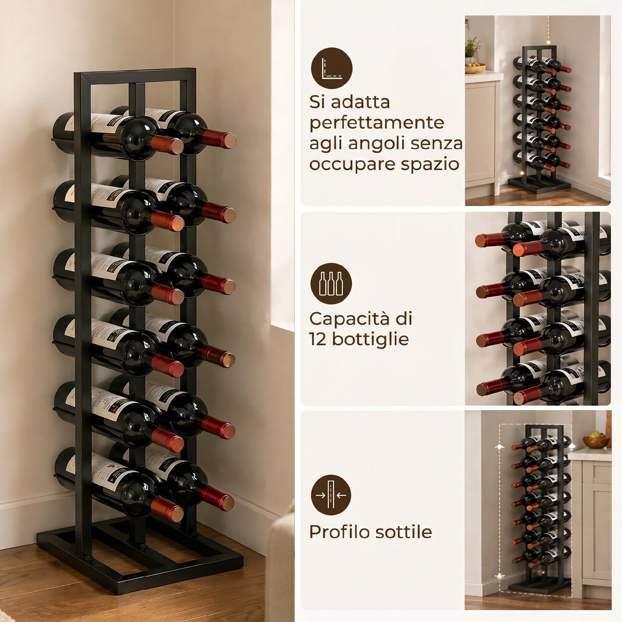 HOMCOM 12-Bottle Metal Floor-Standing Wine Rack, Black