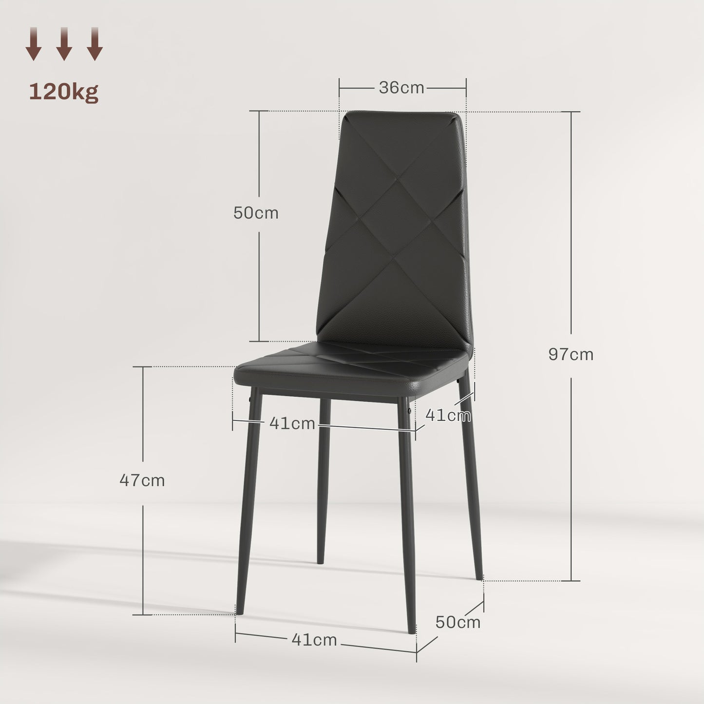 Set of 6 Modern Dining Chairs with High Back in Faux Leather and Steel, 41x50x97 cm, Black