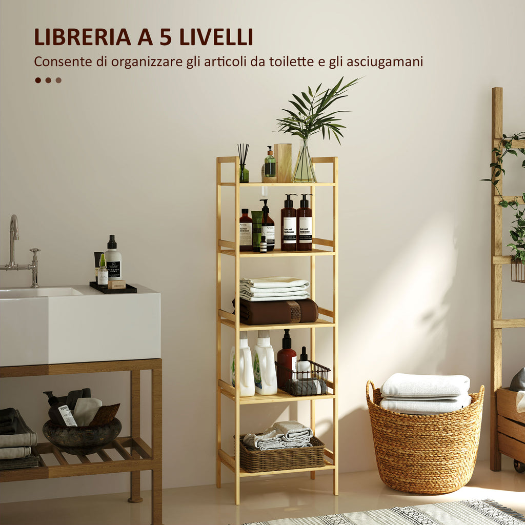 Bathroom Shelf with 5 Height-Adjustable Shelves in Bamboo, 43.5x31.5x142 cm, Natural Wood