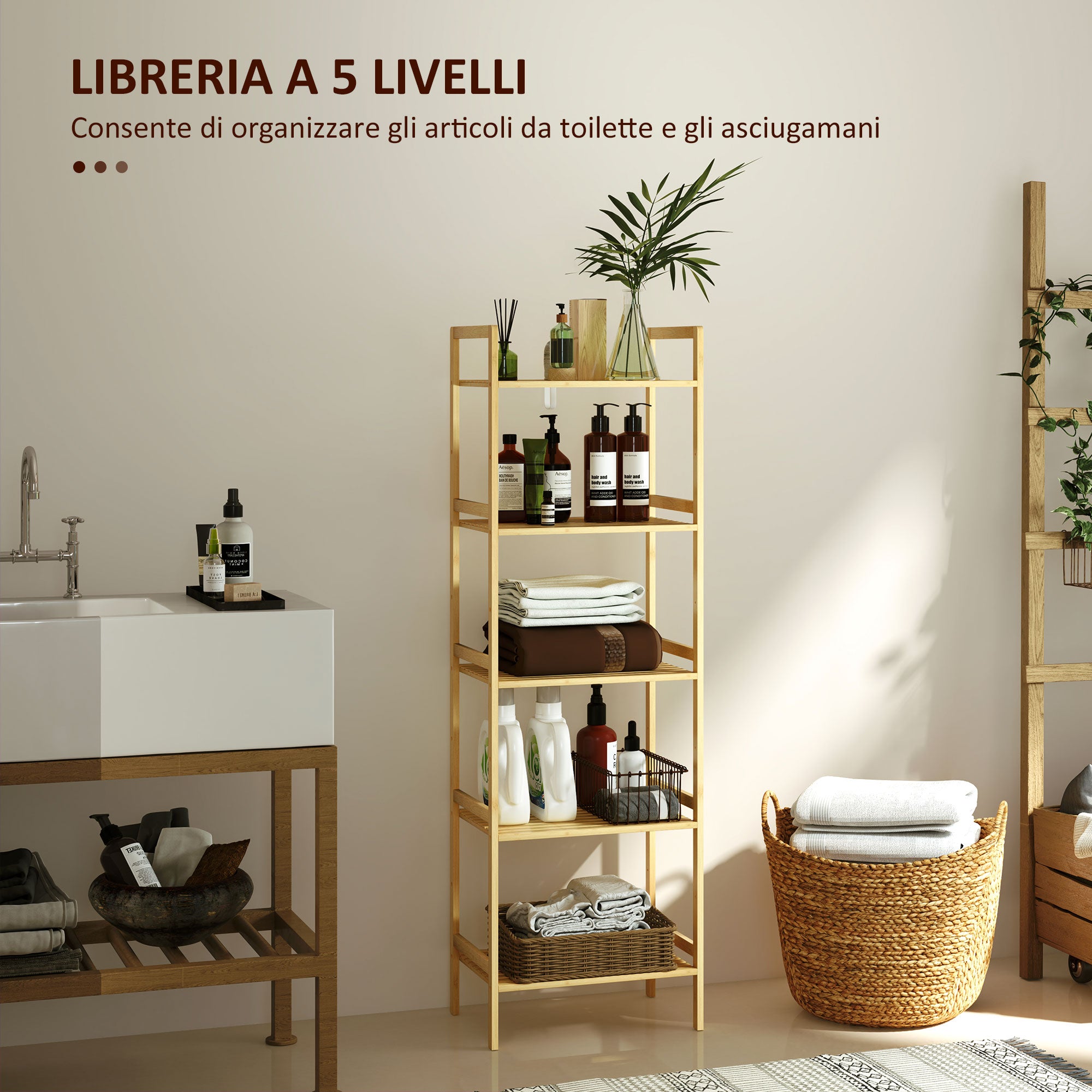 Bathroom Shelf with 5 Height-Adjustable Shelves in Bamboo, 43.5x31.5x142 cm, Natural Wood