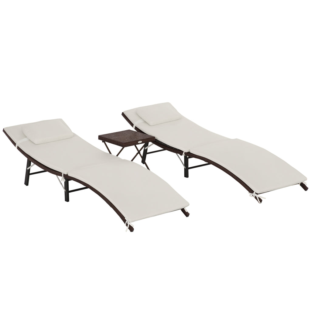 Folding Sun Loungers with Removable Cushions and Folding Table, 3-Piece Rattan Set, Cream