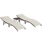 Folding Sun Loungers with Removable Cushions and Folding Table, 3-Piece Rattan Set, Cream