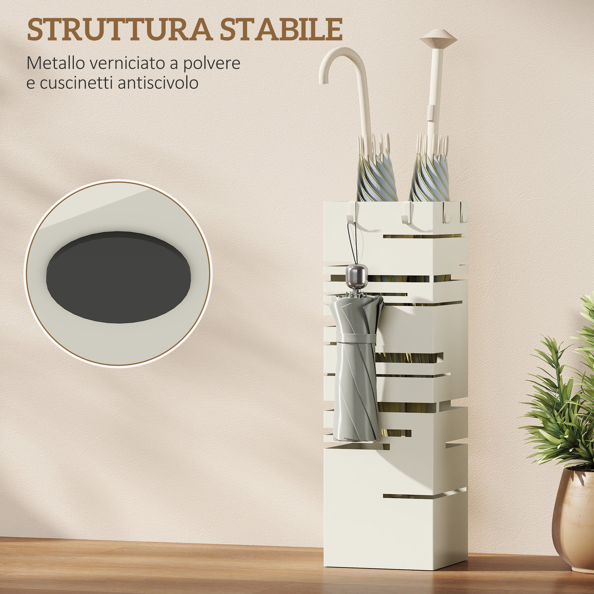 HOMCOM Freestanding Square Metal Umbrella Stand with 4 Hooks, Beige