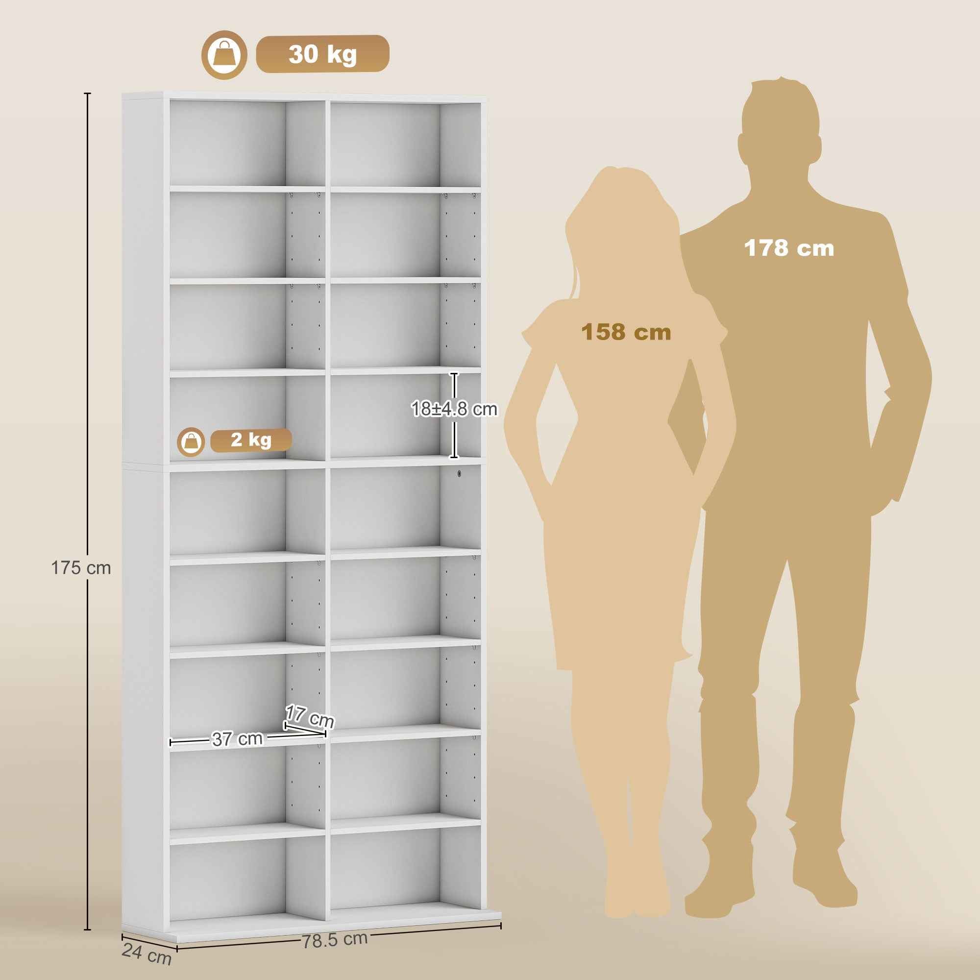HOMCOM CD and DVD Shelves 18 Compartments Max. Capacity 640 CDs/360 DVDs 430 Blu-rays 78.5 x 24 x 175 cm White