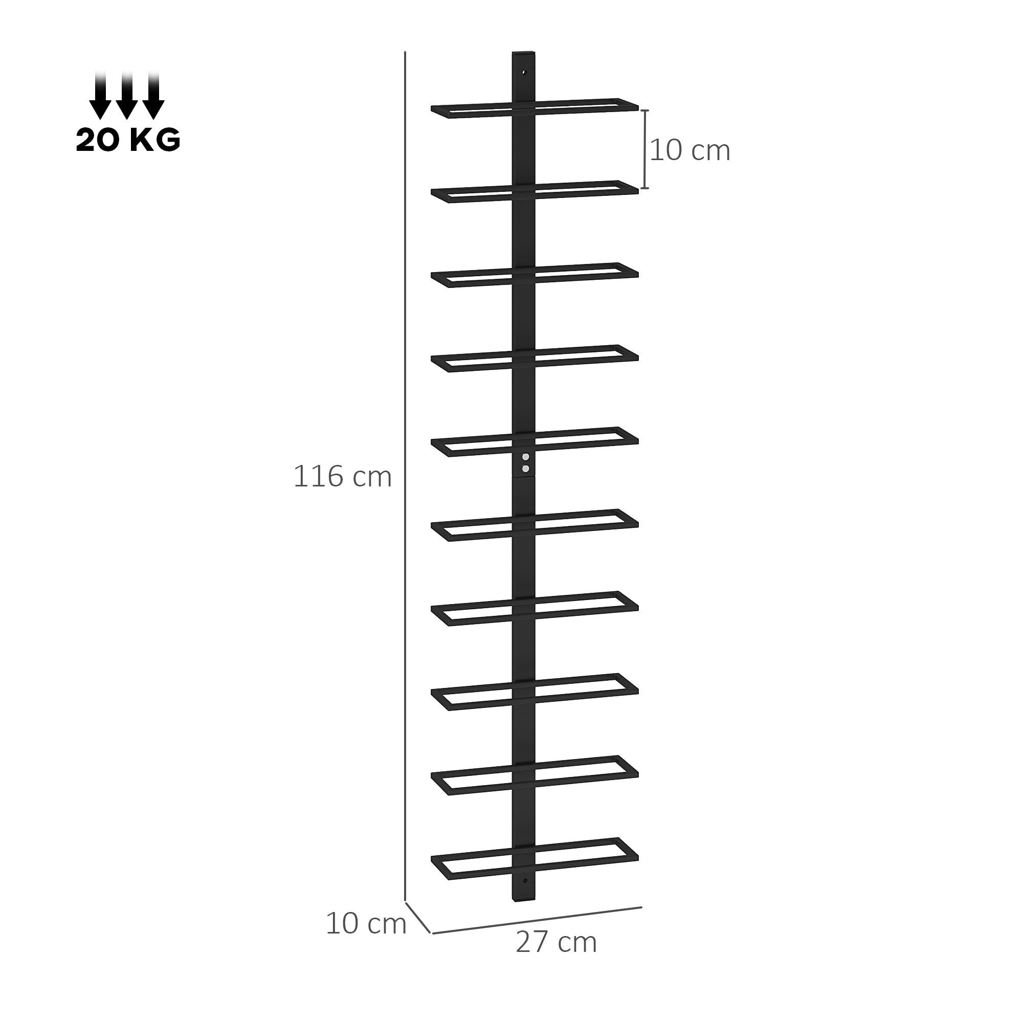 Wall Bottle Rack with 10 Shelves in Black Steel for 10 Bottles, 27x10x116 cm