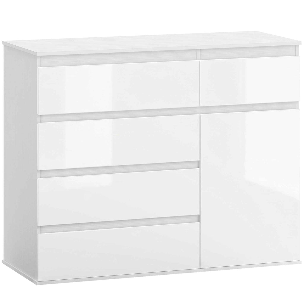 Sideboard, Cabinet with 5 Drawers, Adjustable Shelf, Gloss White.