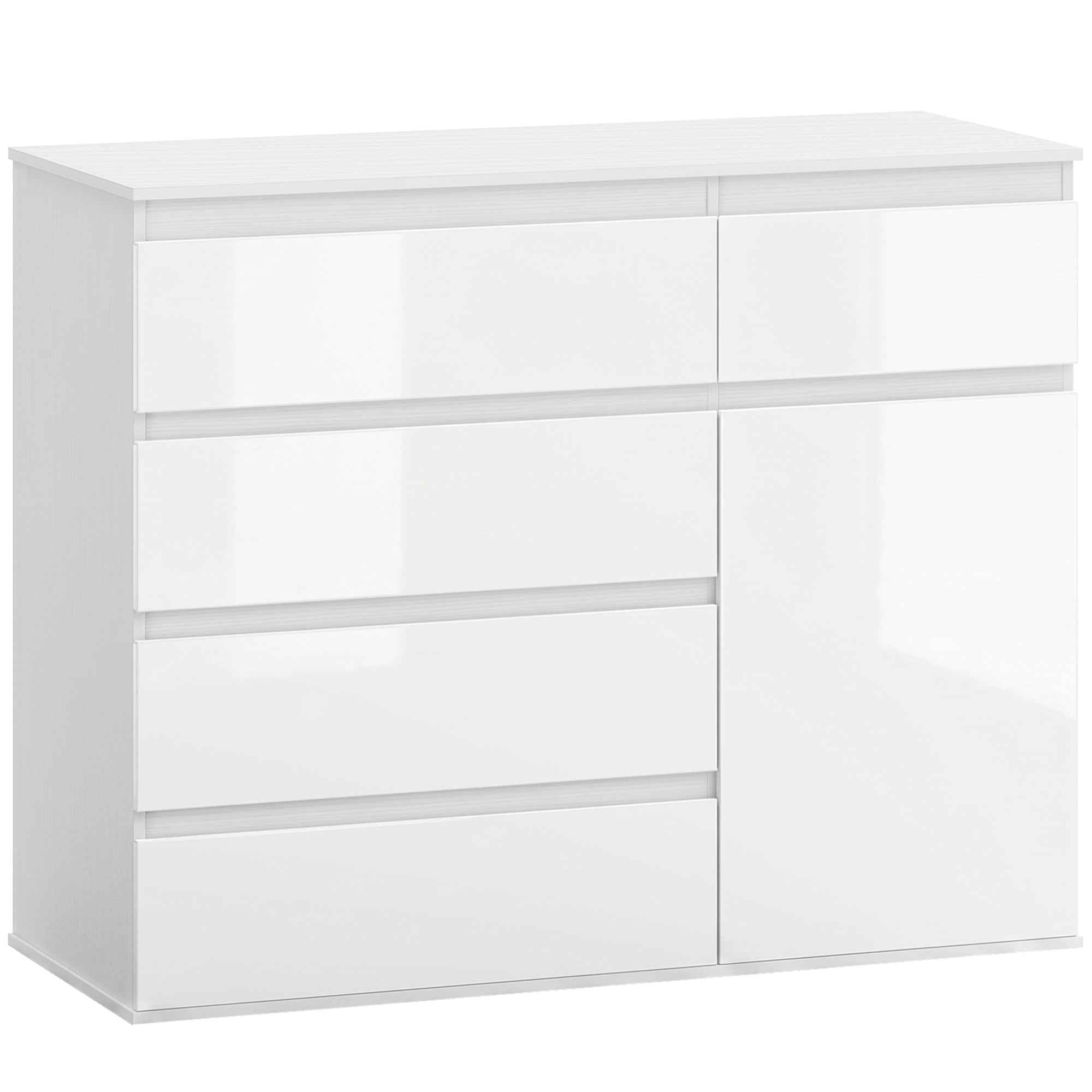 Sideboard, Cabinet with 5 Drawers, Adjustable Shelf, Gloss White.