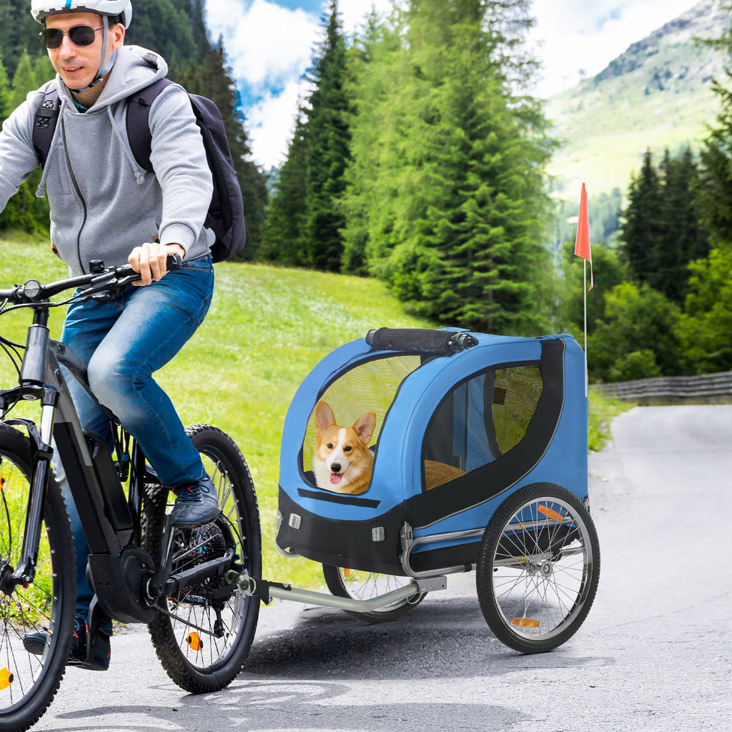 Medium Dog Bike Trailer with Attachment Point, Side Windows and Flag, Steel and Oxford Fabric Bike Trailer, 130x73x90 cm, Blue and Black