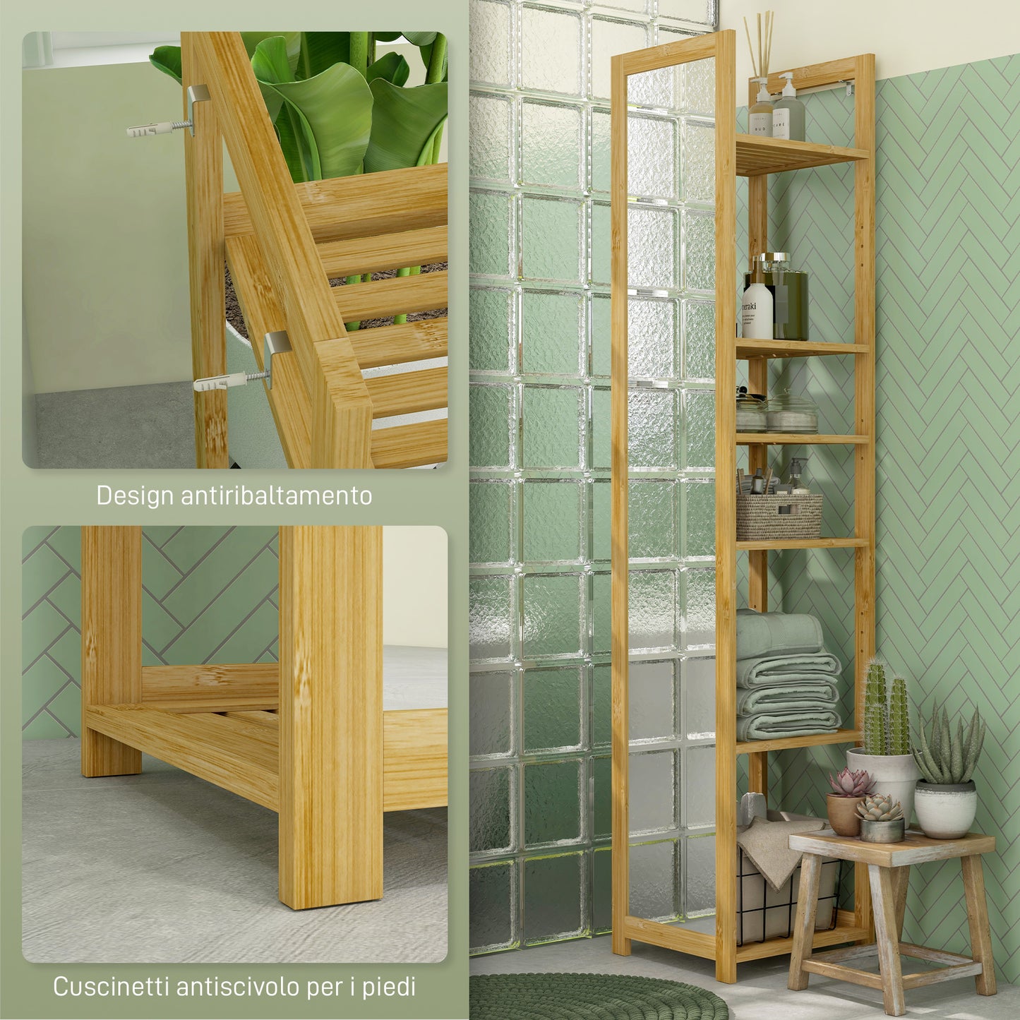 Bathroom Shelf with Mirror and 6 Bamboo Slatted Shelves, 35x35x168cm, Wood Color