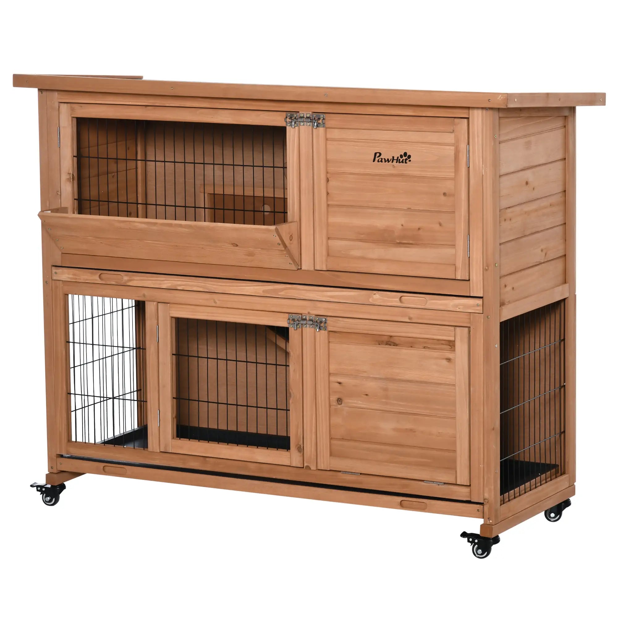 2-Tier Wooden Rabbit Hutch with Wheels, Pull-Out Tray and Ramp, 122x50x101cm - Borge' Group Limited