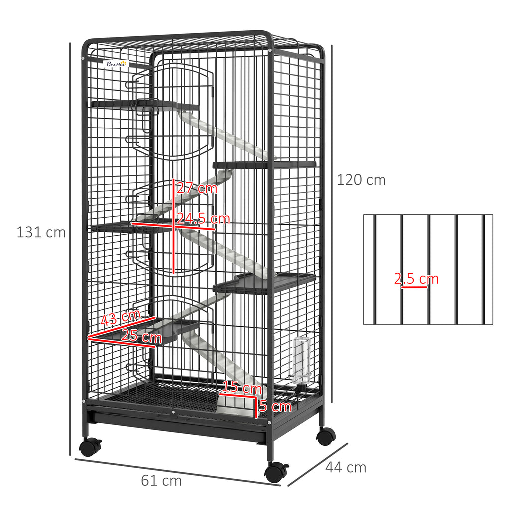 Small Animal Cage with Wheels, 5 Ramps and 5 Platforms, Bowl and Bottle, 61.5x44x131 cm, Black