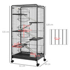 Small Animal Cage with Wheels, 5 Ramps and 5 Platforms, Bowl and Bottle, 61.5x44x131 cm, Black