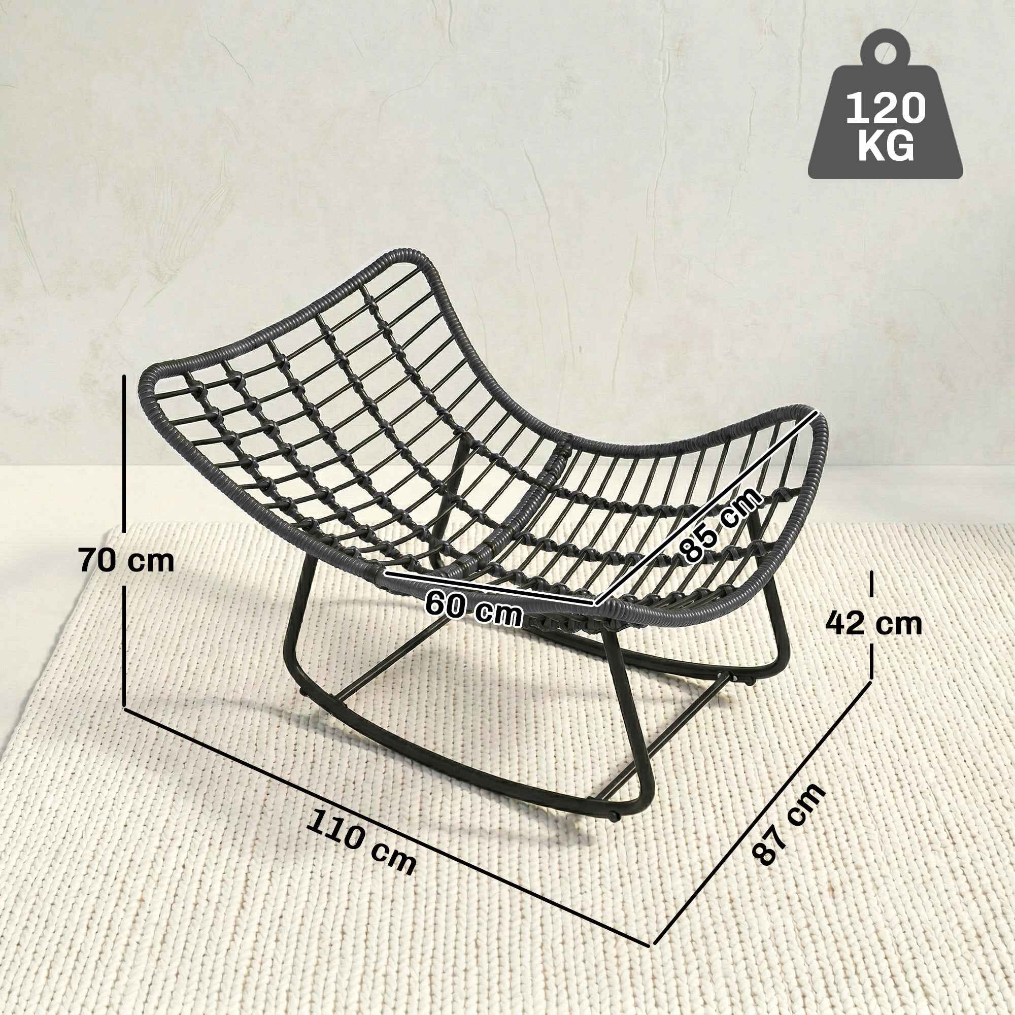 Outsunny Rattan Rocking Chair with Soft Cushion for Garden, Balcony, Dark Grey