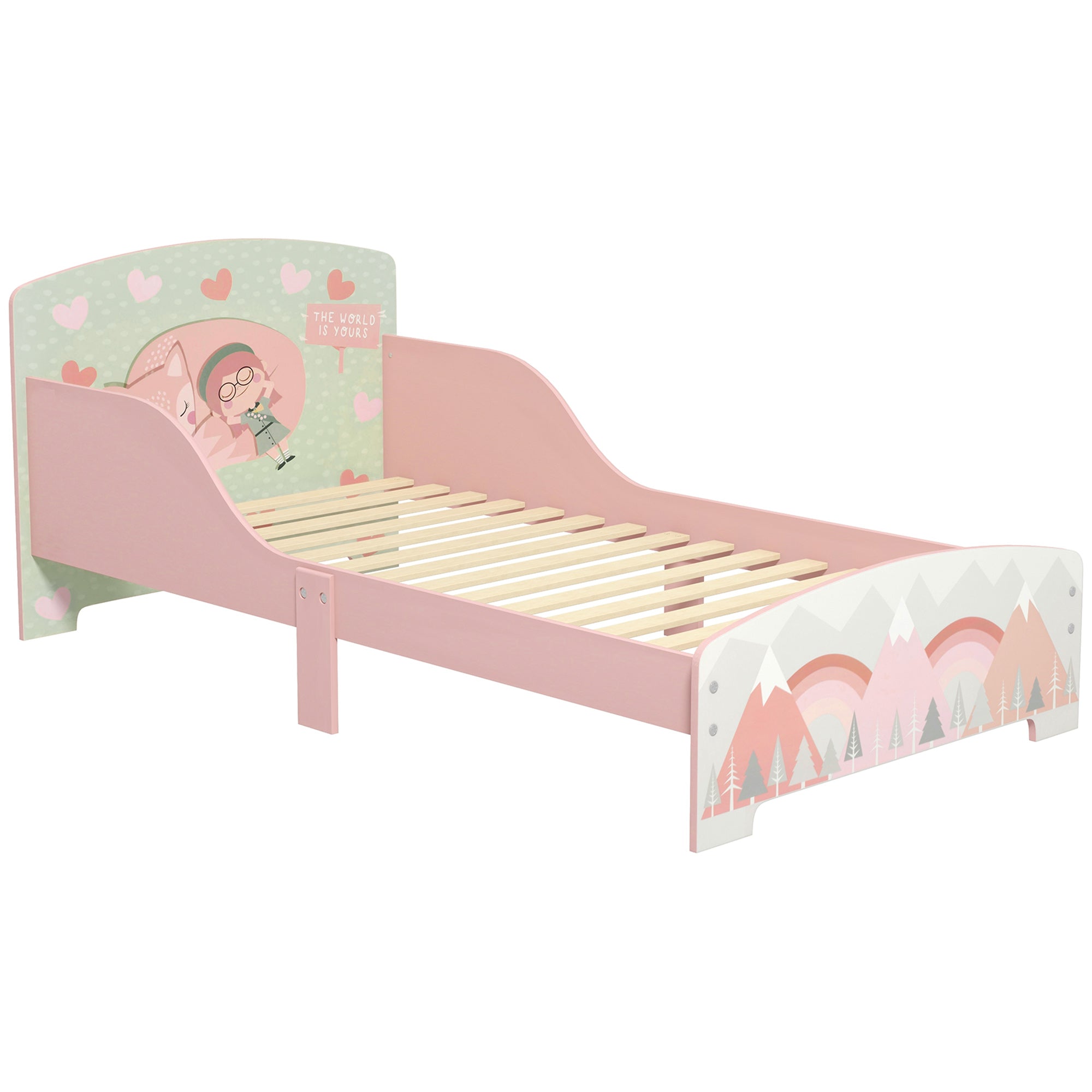 Children's Bed for 3-6 Years with Raised Edges, Slats and Animal Print, 140x70 cm, Pink