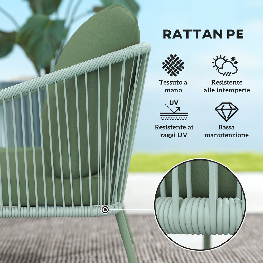 2 Seater PE Rattan Garden Sofa Boho Style with Removable Cushions and Armrests, Green