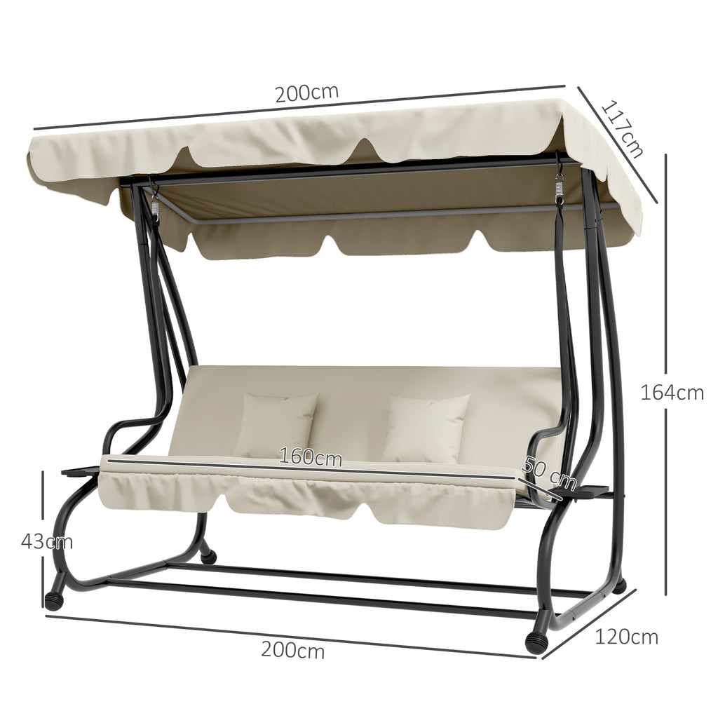 Outsunny Garden Swing Bed with Adjustable Canopy and Trays, Steel and Teslin, 200x120x164 cm, Cream