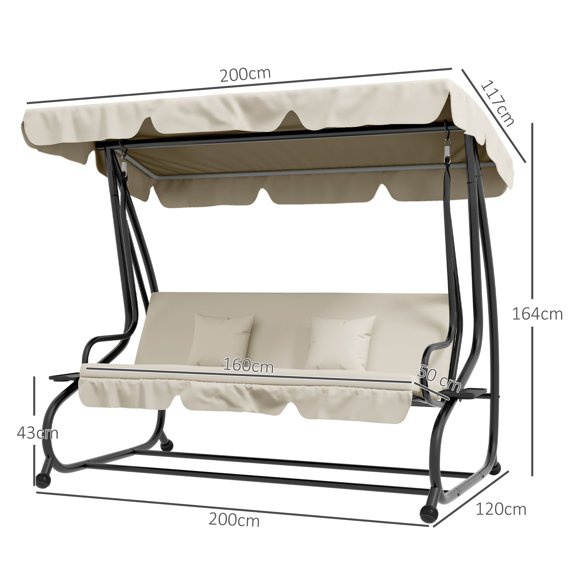 Outsunny Garden Swing Bed with Adjustable Canopy and Trays, Steel and Teslin, 200x120x164 cm, Cream